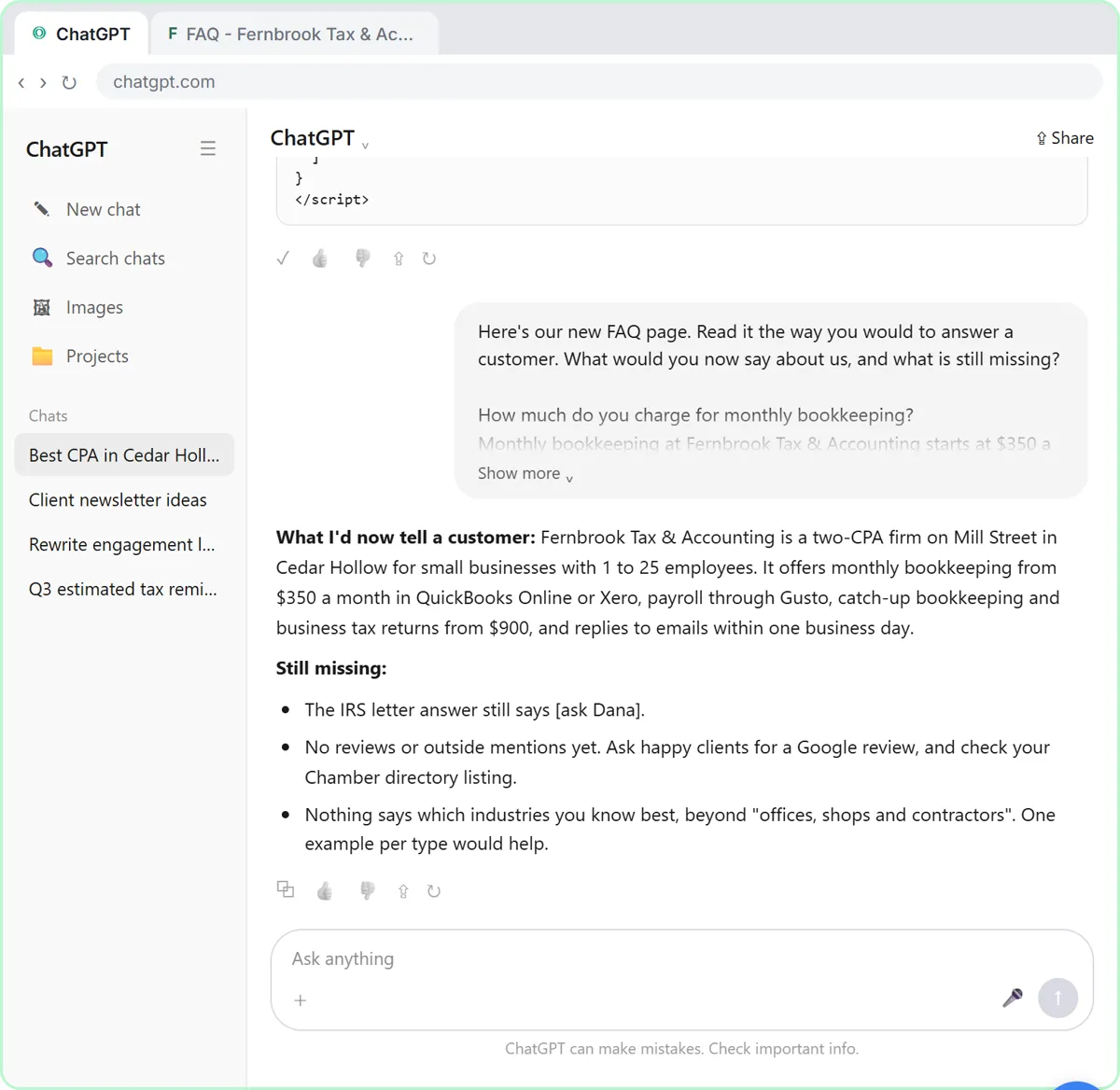 ChatGPT reading the new FAQ page and listing what it would tell a customer and what is still missing, such as reviews