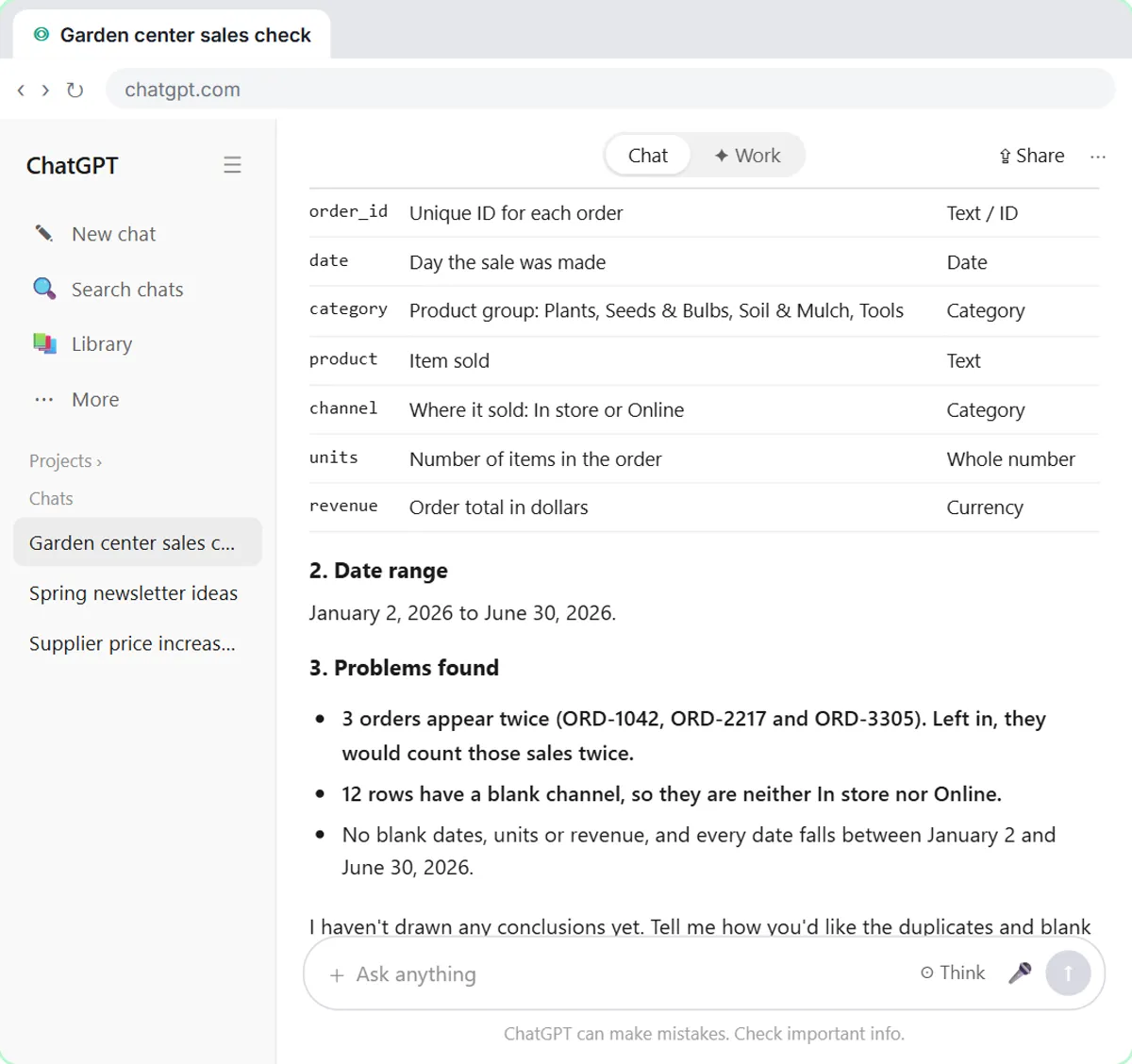 ChatGPT checking the uploaded sales data, listing columns, date range and problems found