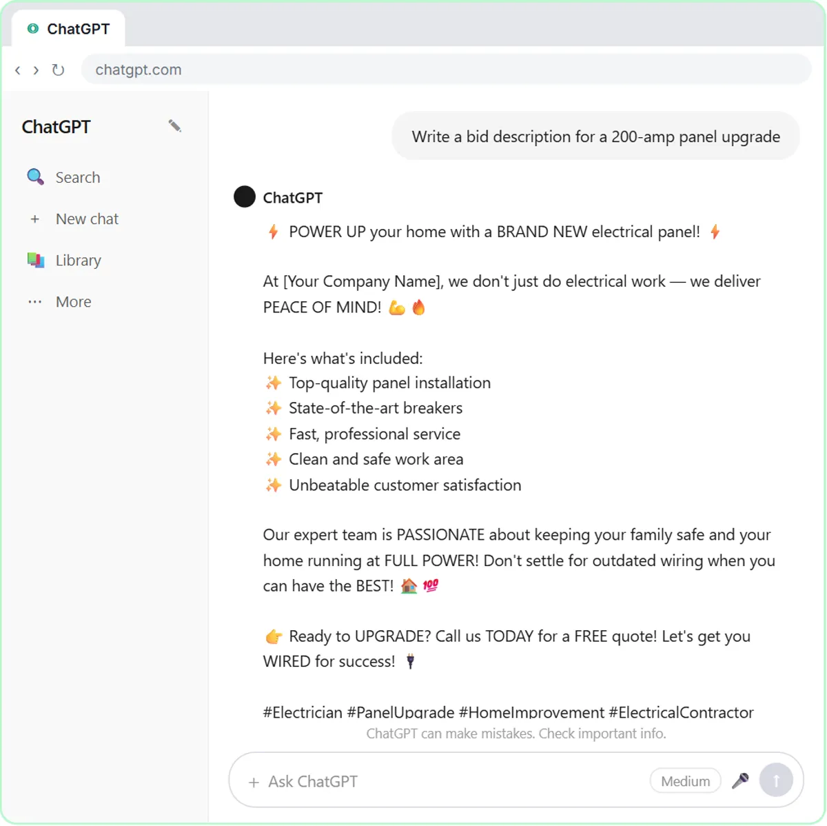 Plain ChatGPT gives Oak & Wire Electric a generic, emoji-heavy answer full of placeholders