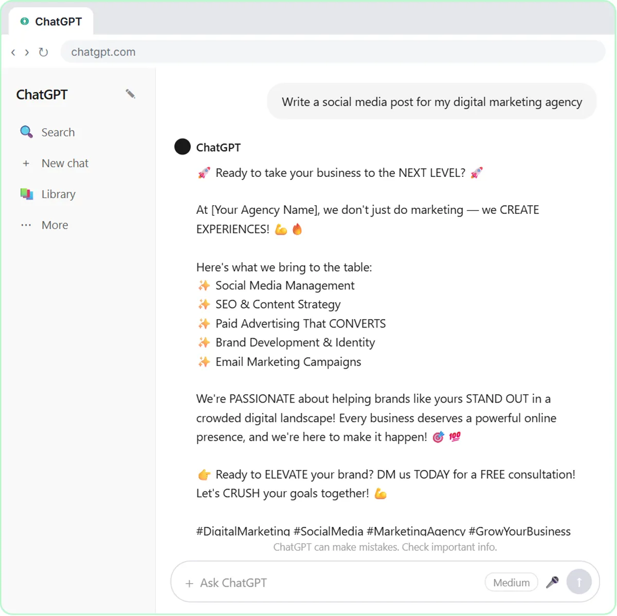 Plain ChatGPT gives the Ynteractive marketing agency a generic, emoji-heavy answer full of placeholders
