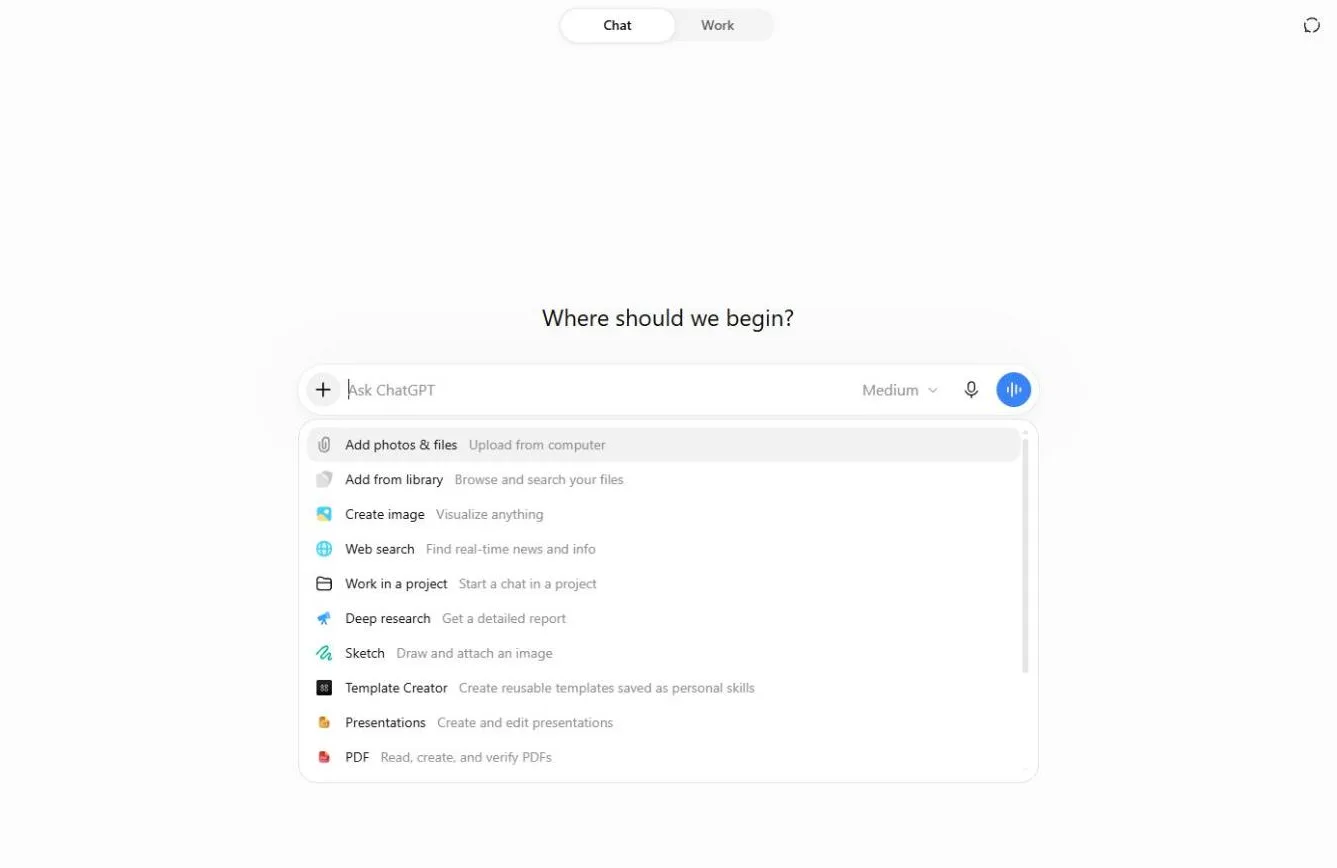 The + menu in a normal ChatGPT chat with Deep research, “Get a detailed report”.
