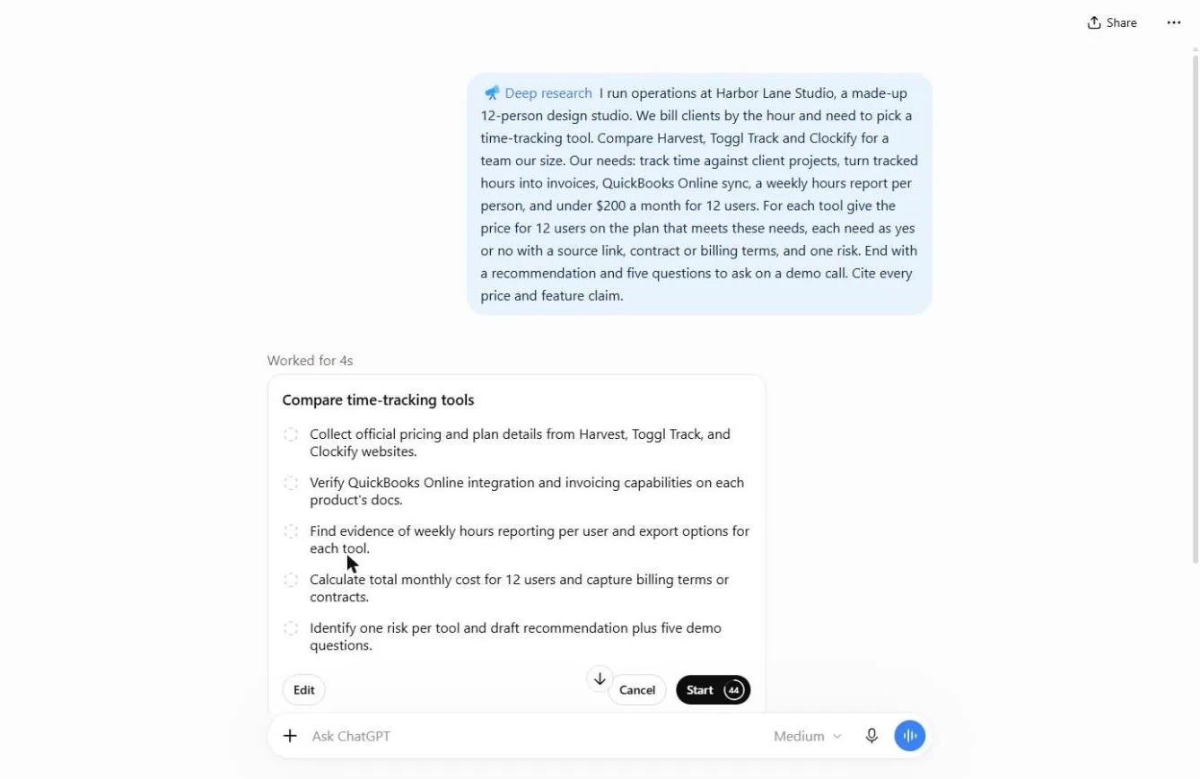 Deep research’s five-step plan “Compare time-tracking tools” with Edit, Cancel and Start buttons.