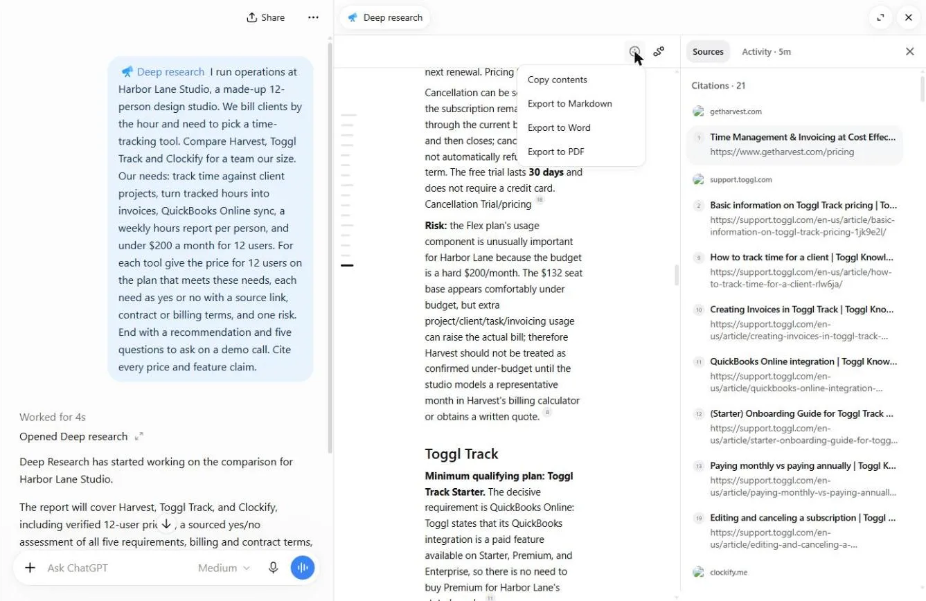 The report download menu: Copy contents, Export to Markdown, Export to Word and Export to PDF.