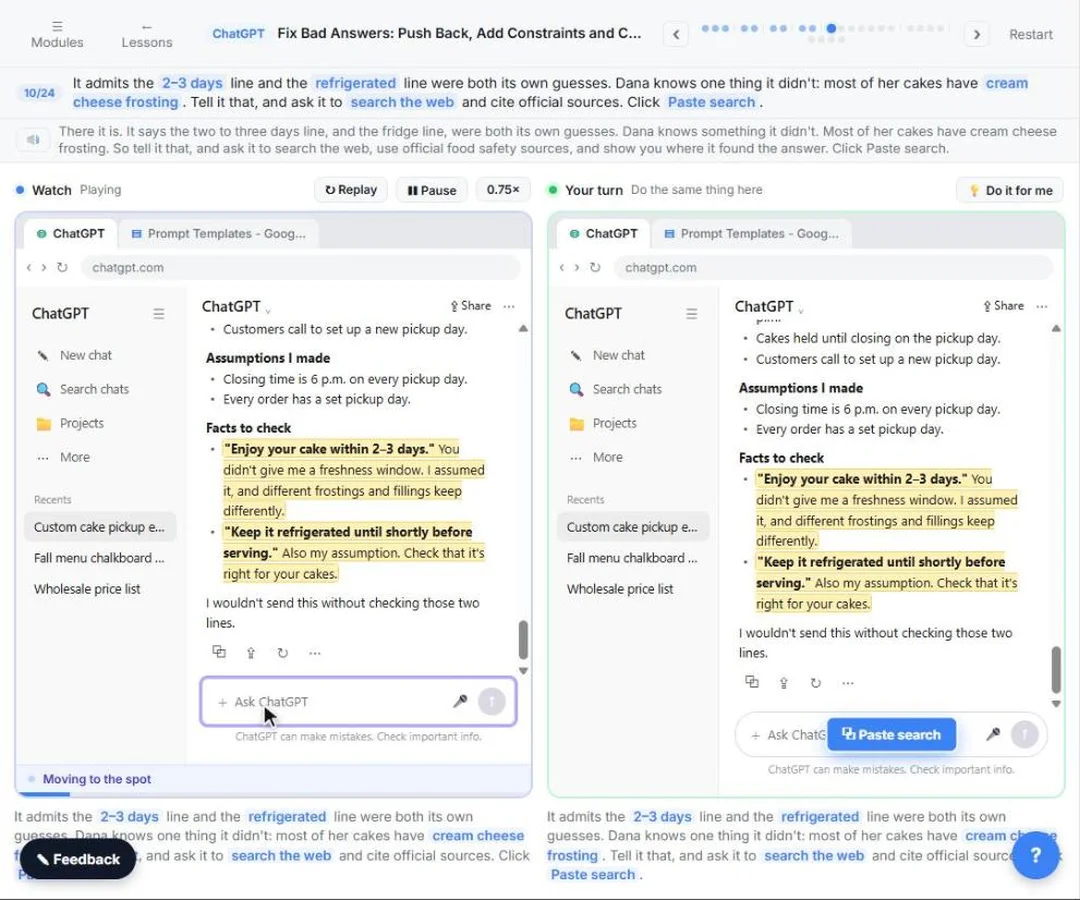 ChatGPT listing the assumptions it made and the facts to check, including a freshness window and a fridge line it guessed itself