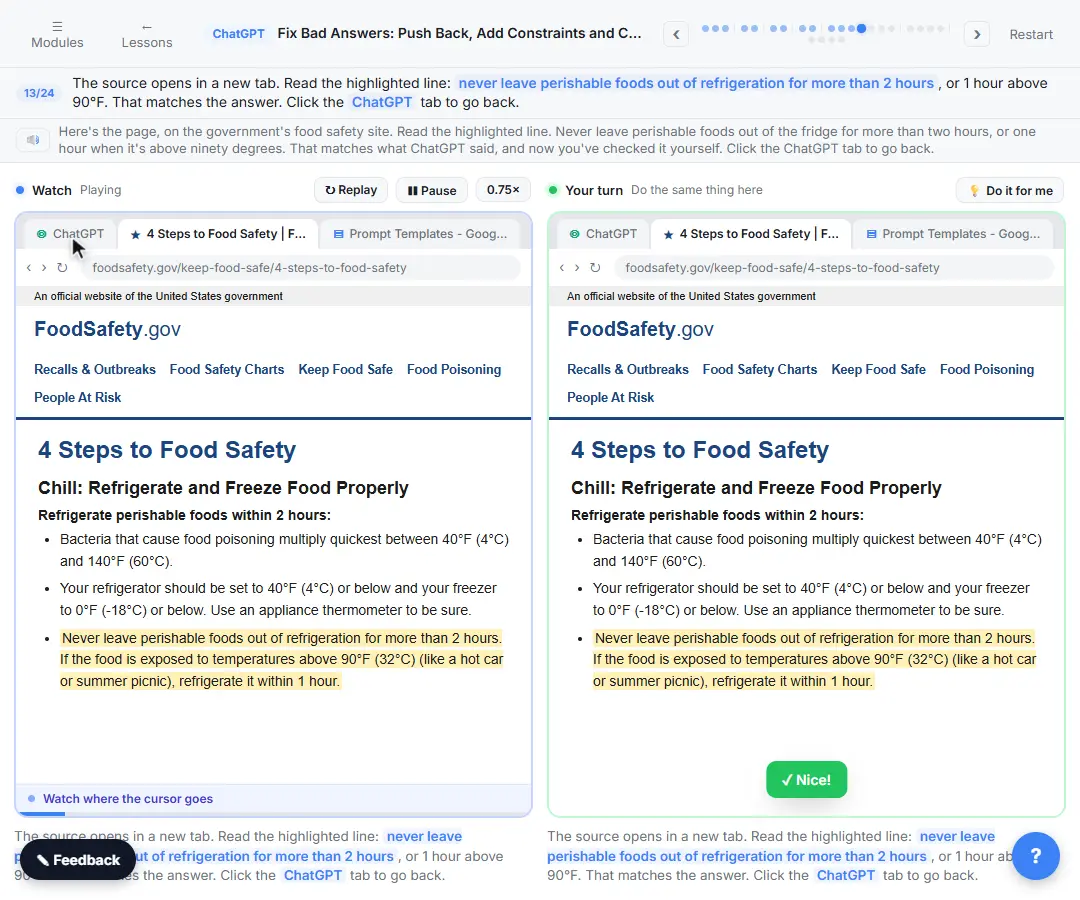 FoodSafety.gov page with the highlighted two-hour refrigeration rule that matches ChatGPT's cited answer