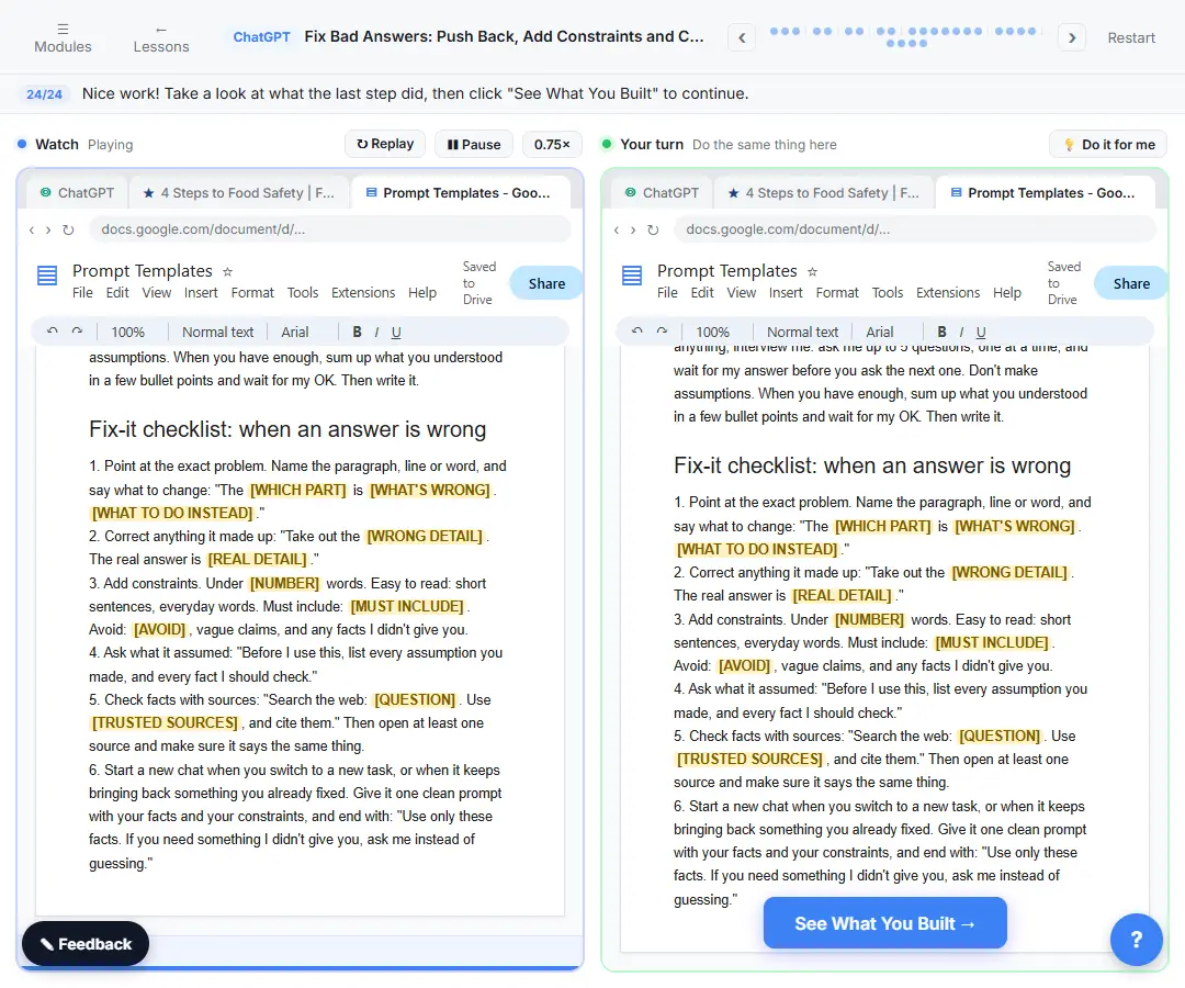 Google Doc fix-it checklist for when a ChatGPT answer is wrong, with fill-in prompts for each step