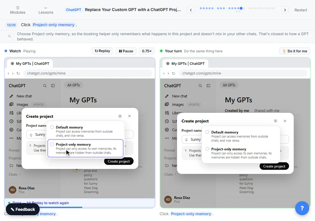 ChatGPT's Create project dialog with the memory options Default memory and Project-only memory