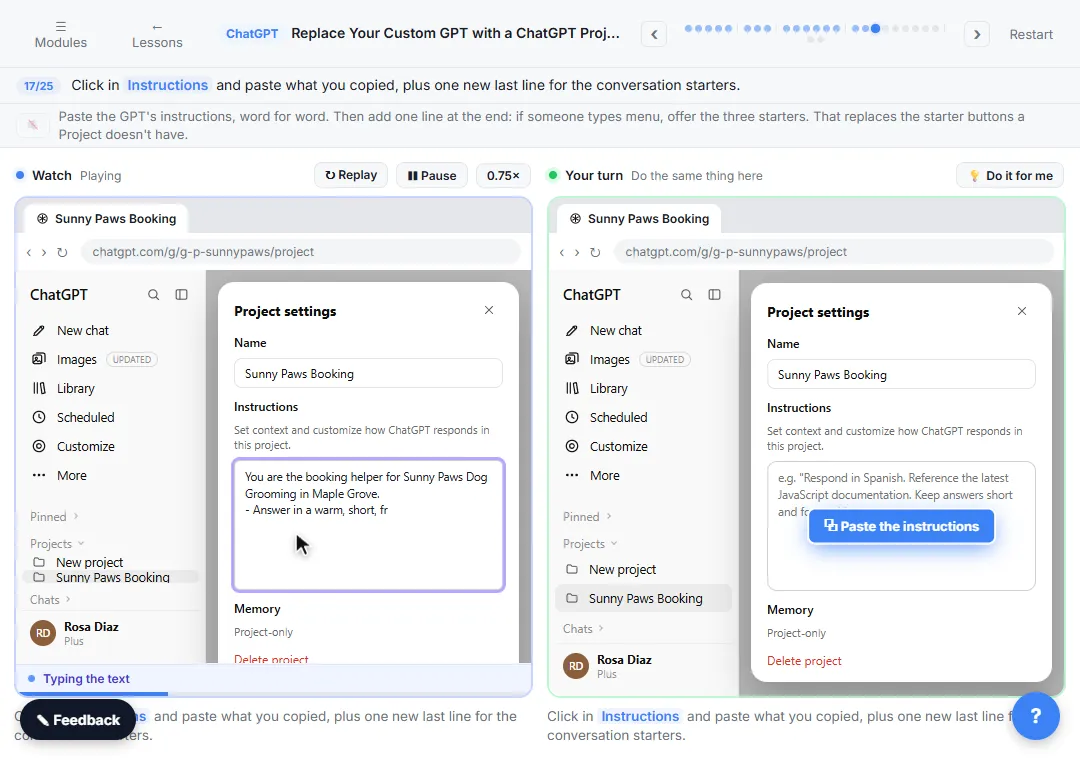 Project settings in ChatGPT with the GPT's instructions being pasted into the Instructions box