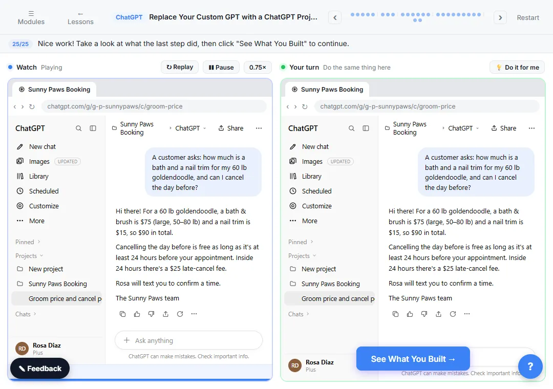 A chat inside the new ChatGPT project answering a grooming price and cancellation question from the project's files