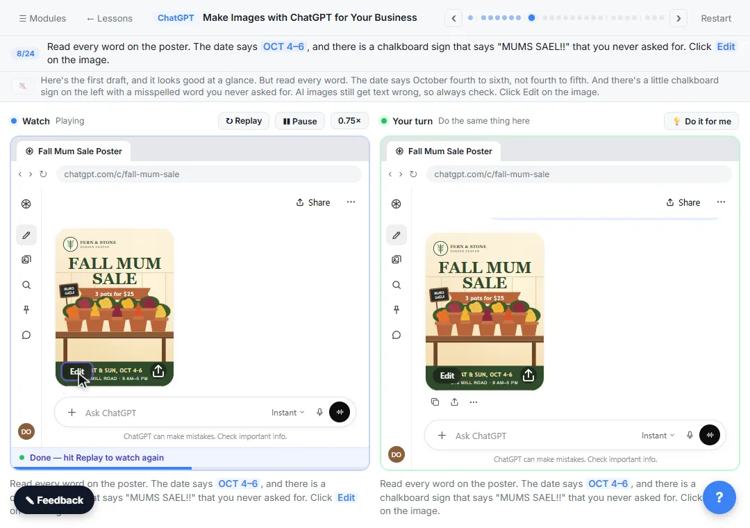 A fall mum sale poster generated in a ChatGPT chat, with an Edit button on the image; the date on it reads Oct 4–6 instead of Oct 4–5