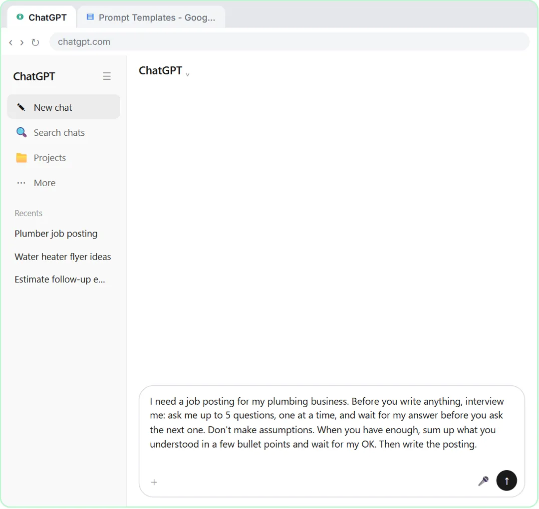 ChatGPT message box with an interview prompt asking up to five questions, one at a time, before writing