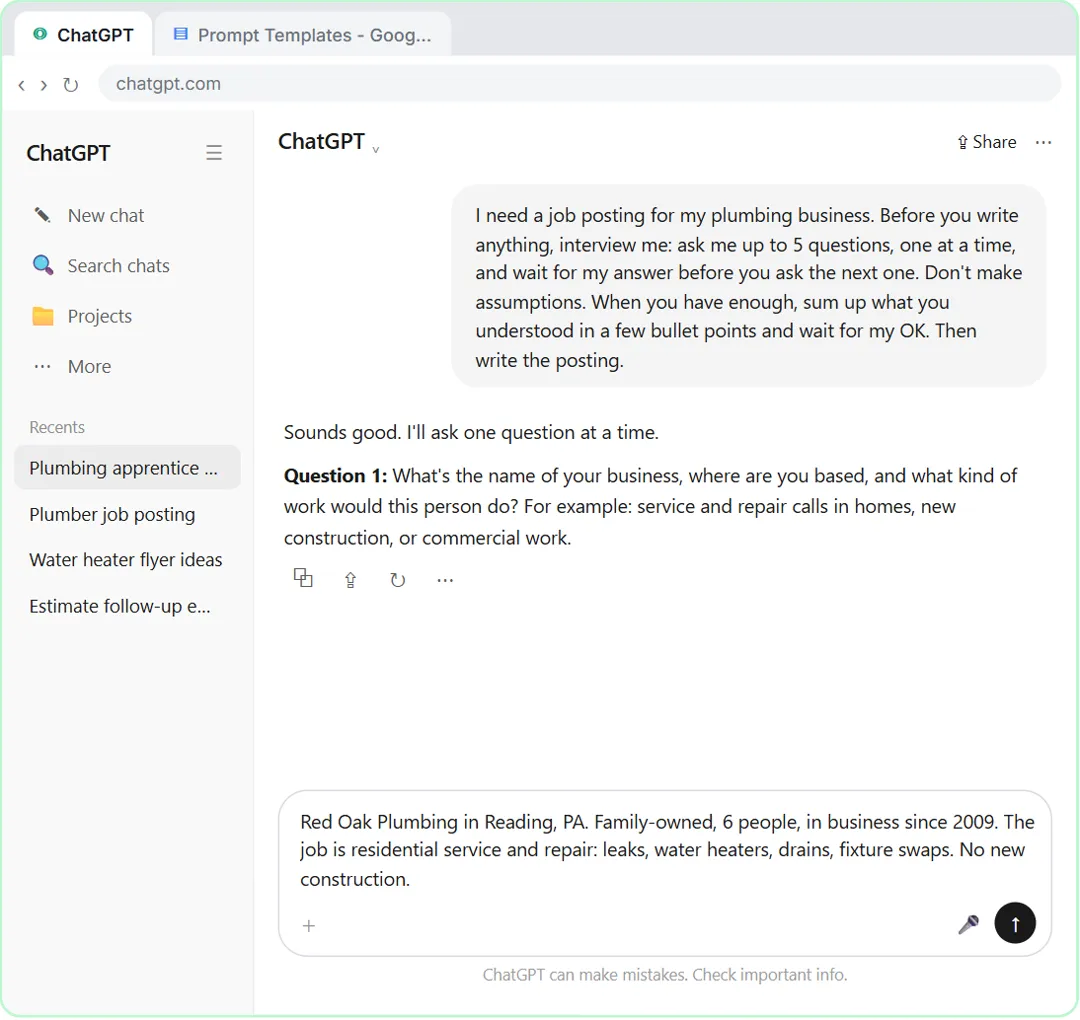 ChatGPT asking its first interview question about the plumbing business and the user typing an answer