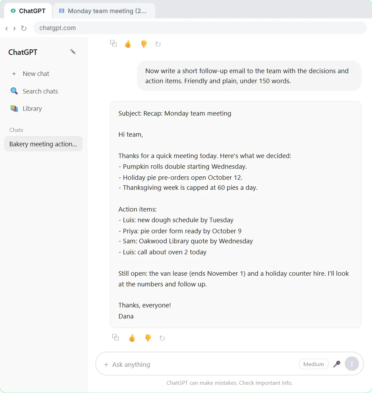 ChatGPT writes a short follow-up email to the team listing the decisions and action items