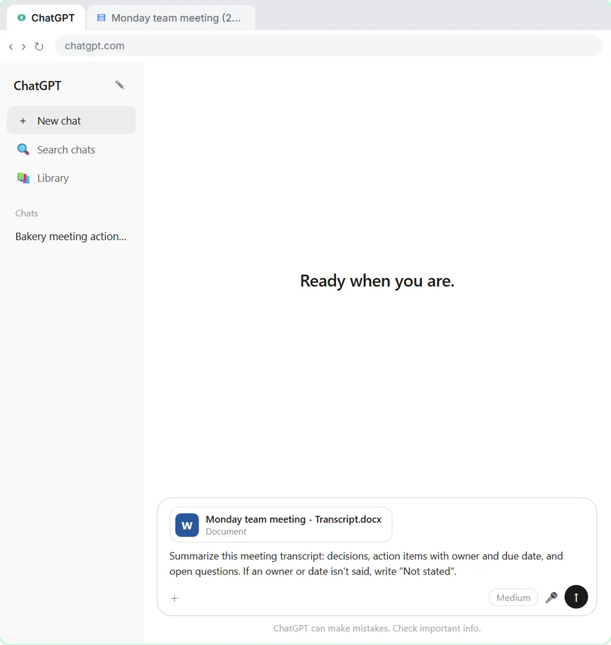 New ChatGPT chat with the transcript .docx file attached and a one-line summary request
