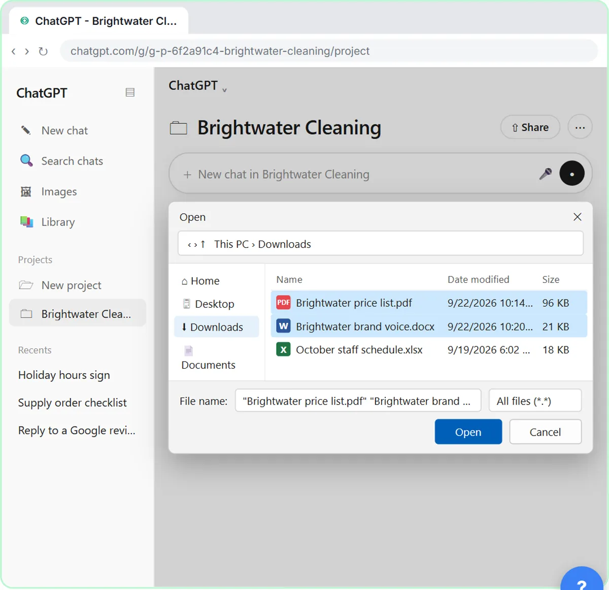 File picker adding a price list PDF and brand voice document to the ChatGPT project