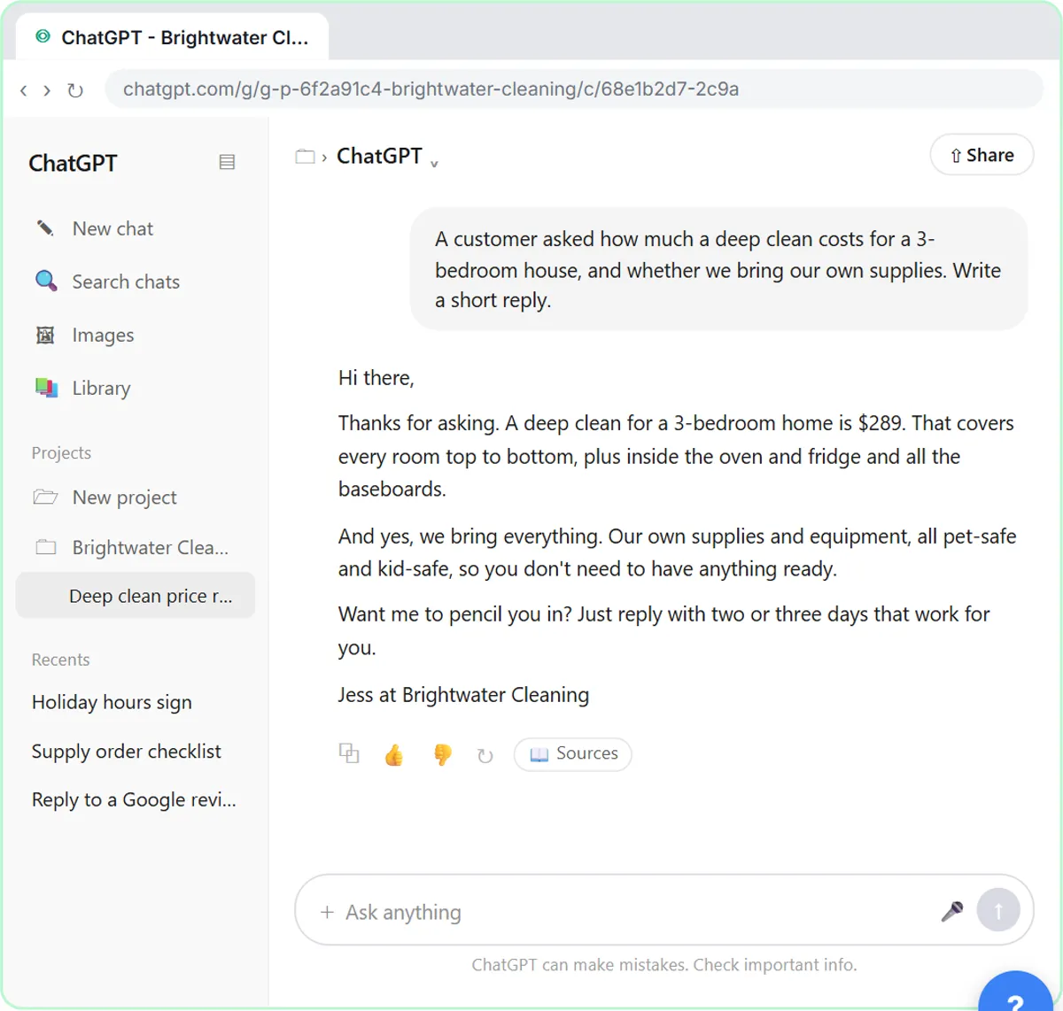 ChatGPT project chat answering a deep clean price question using the uploaded price list