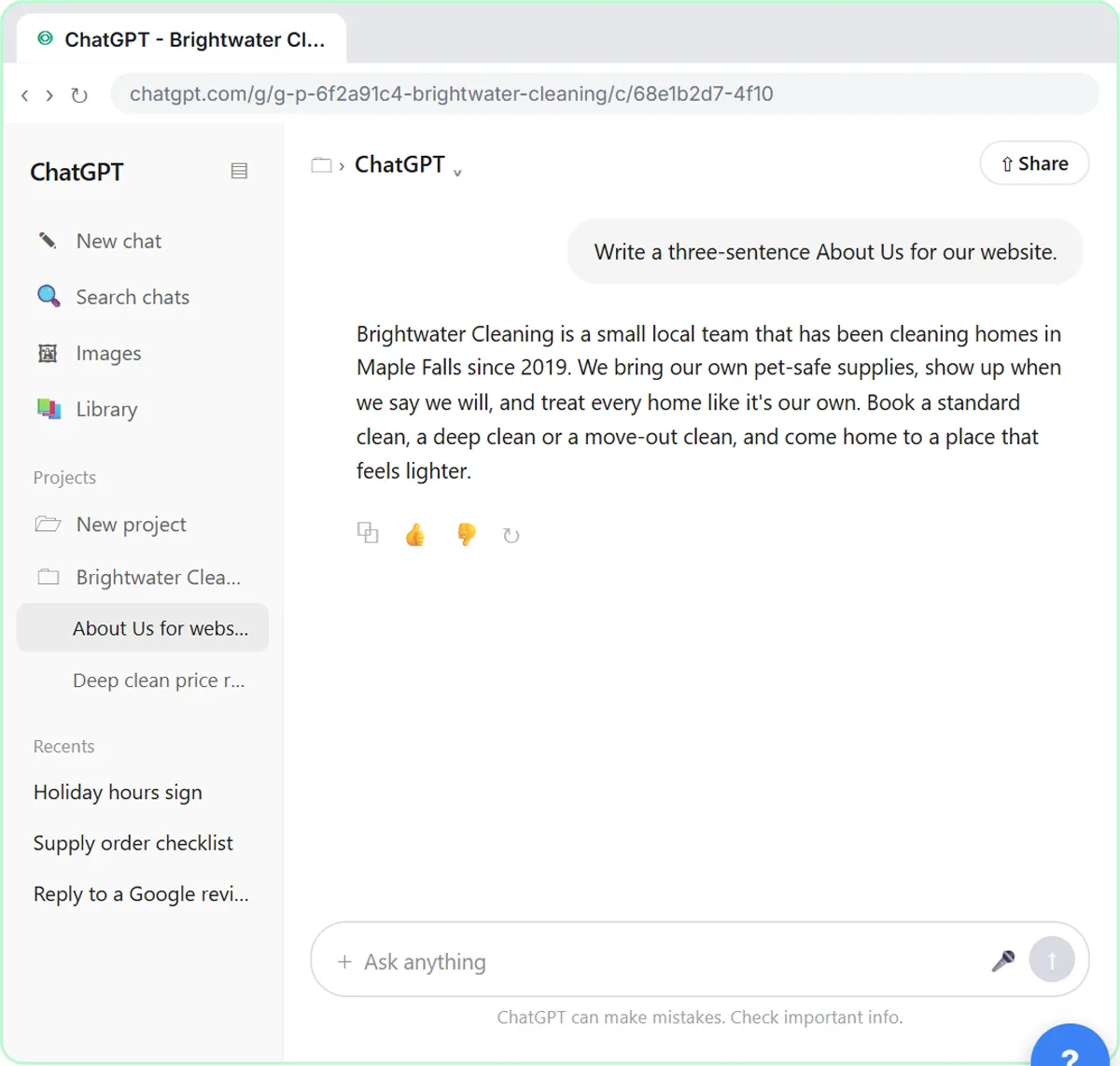 ChatGPT writing a three-sentence About Us in the cleaning company's brand voice