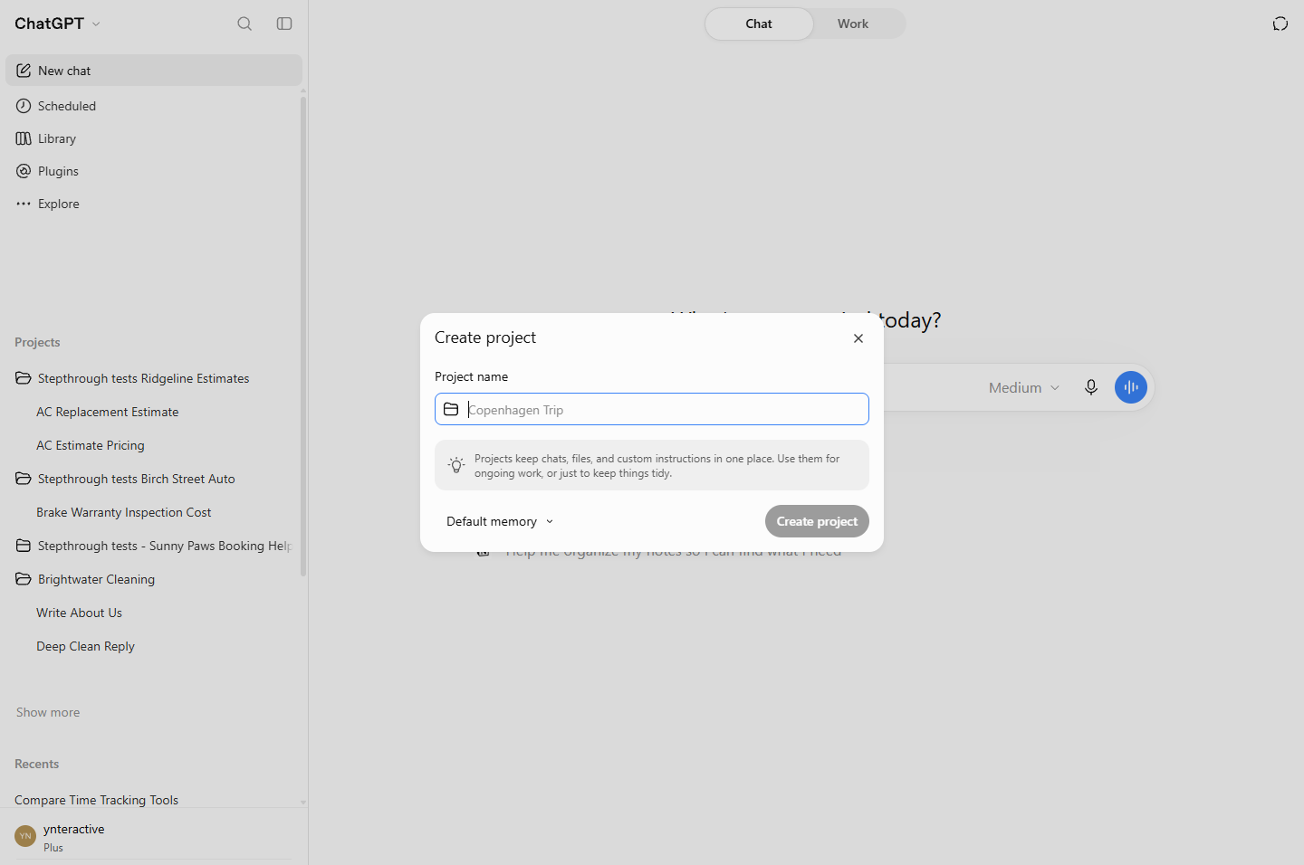 ChatGPT Create project dialog with Project name and Default memory