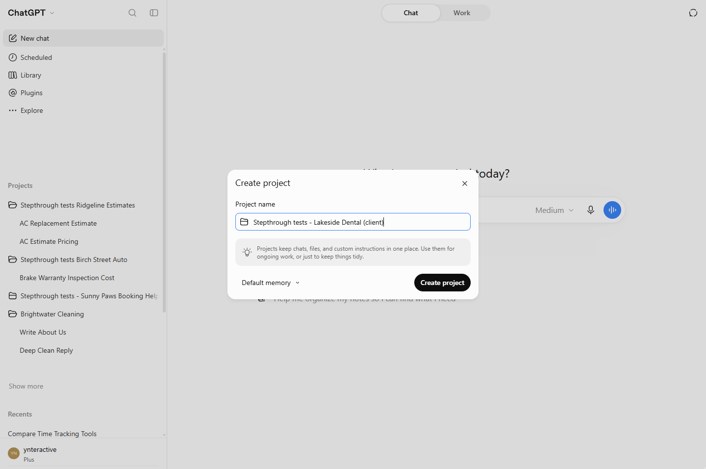 ChatGPT Create project dialog with the client project name typed in