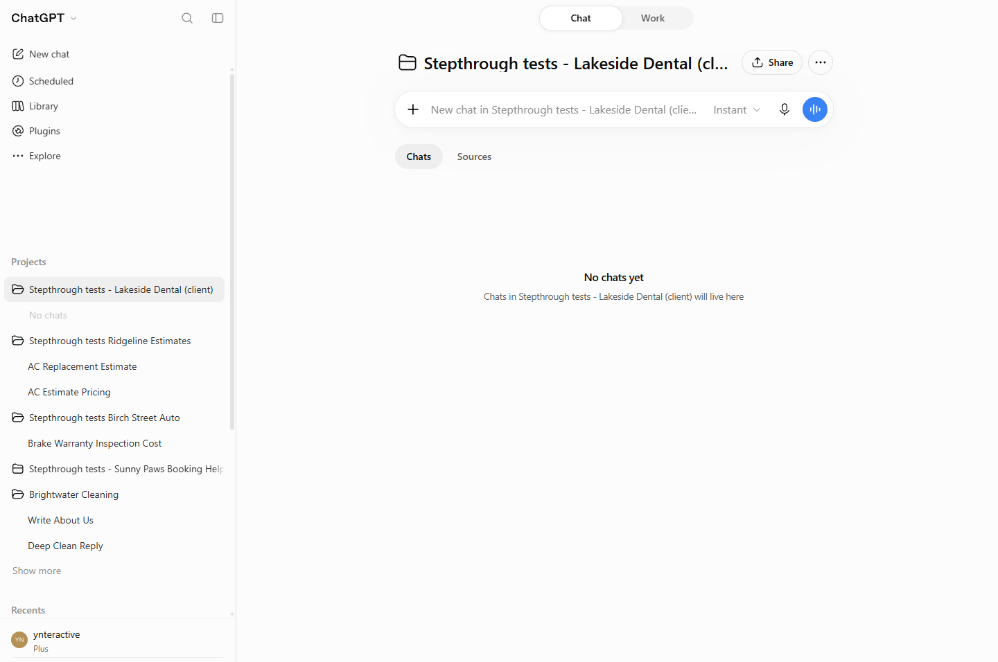 New empty ChatGPT project page with Chats and Sources tabs and No chats yet