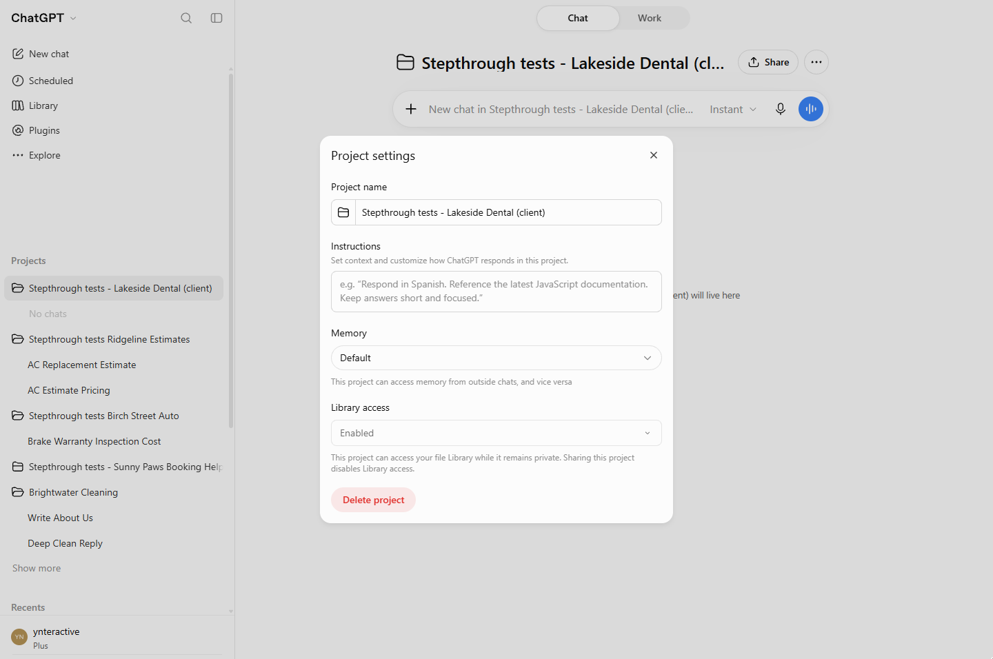 ChatGPT Project settings with Instructions, Memory Default and Library access