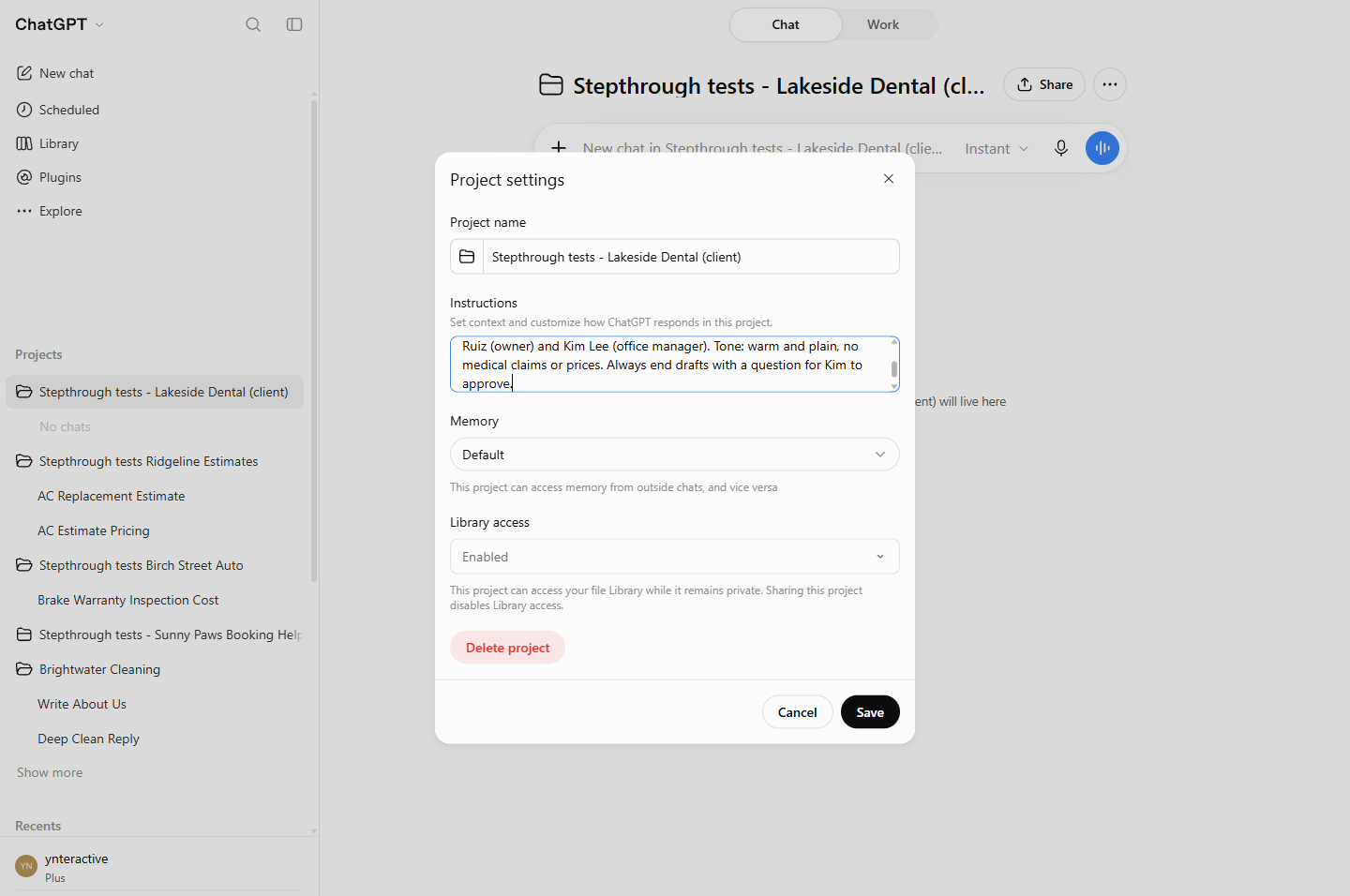 ChatGPT project instructions for a made-up dental client, with Save
