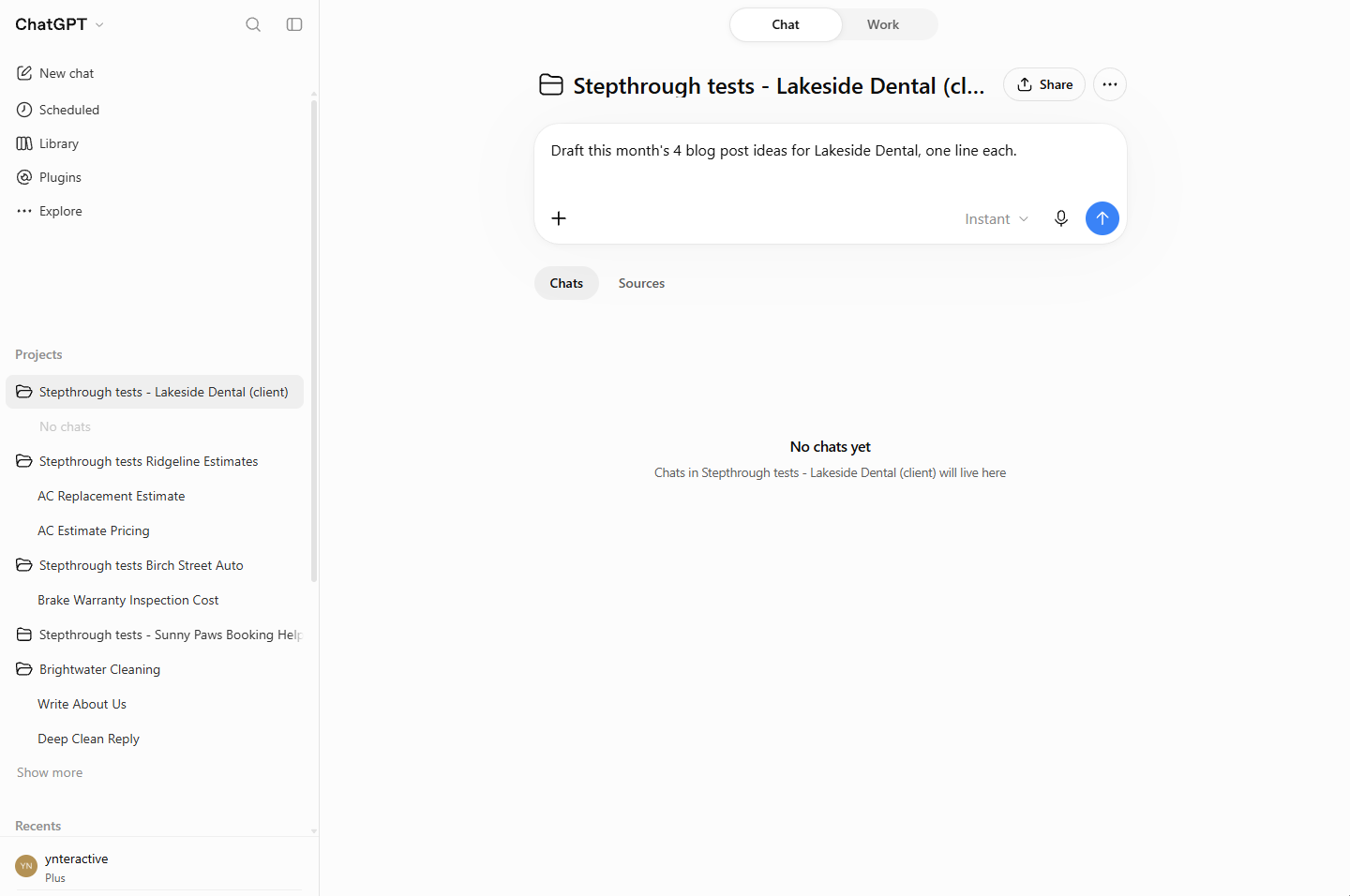 A request typed into New chat in the client project