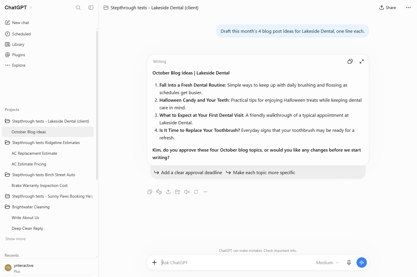ChatGPT answer inside the project: four blog ideas ending with a question for Kim to approve