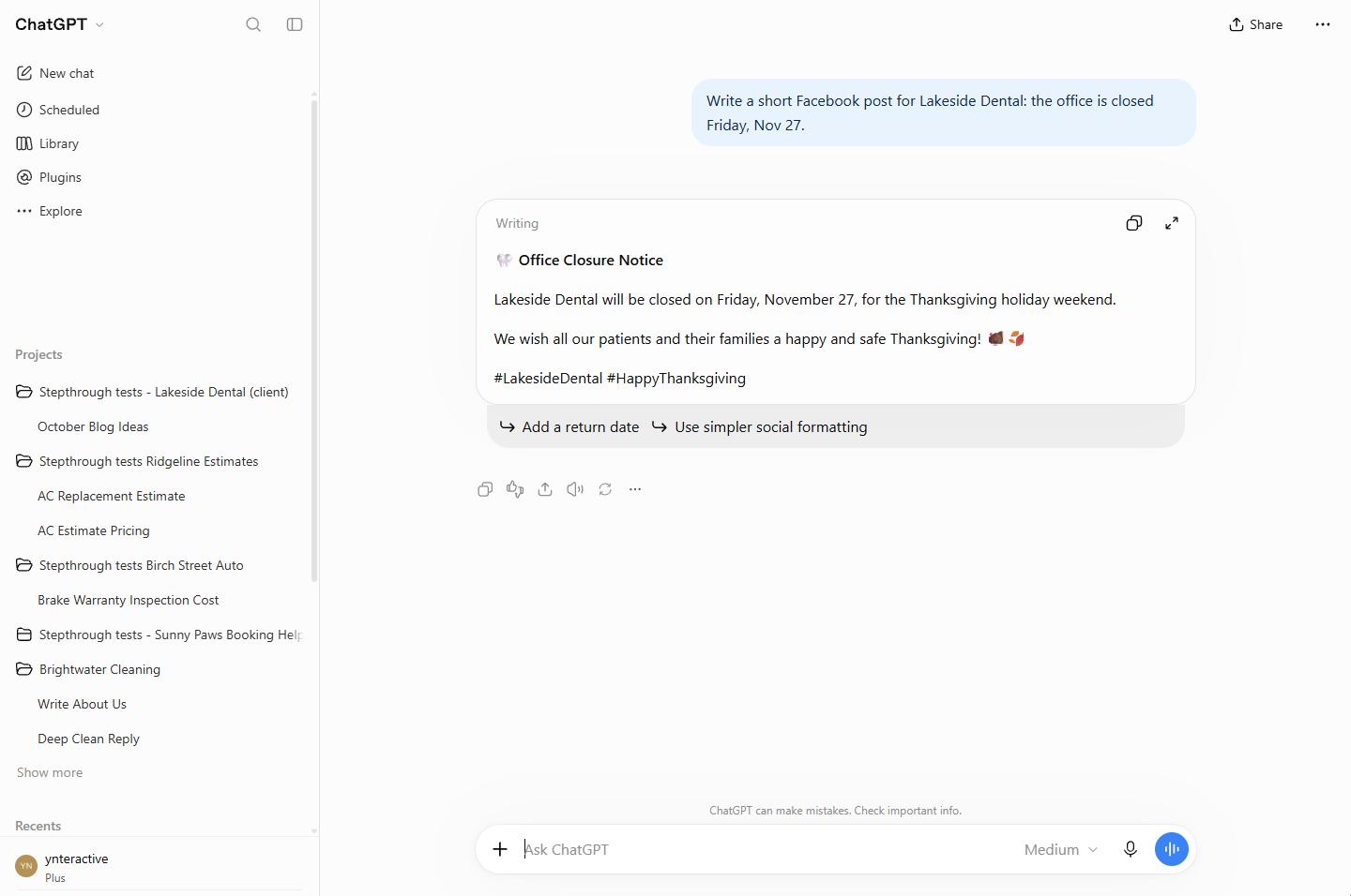 The same kind of request in a normal chat: a post with emojis and no approval question