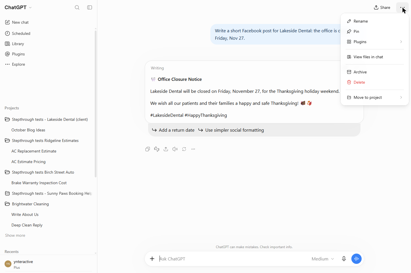 ChatGPT chat menu with Rename, Pin, Archive, Delete and Move to project