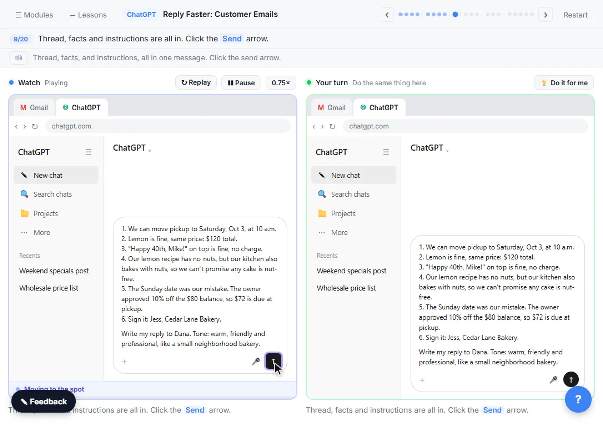 ChatGPT message with the pasted email thread, numbered facts you can promise and tone instructions