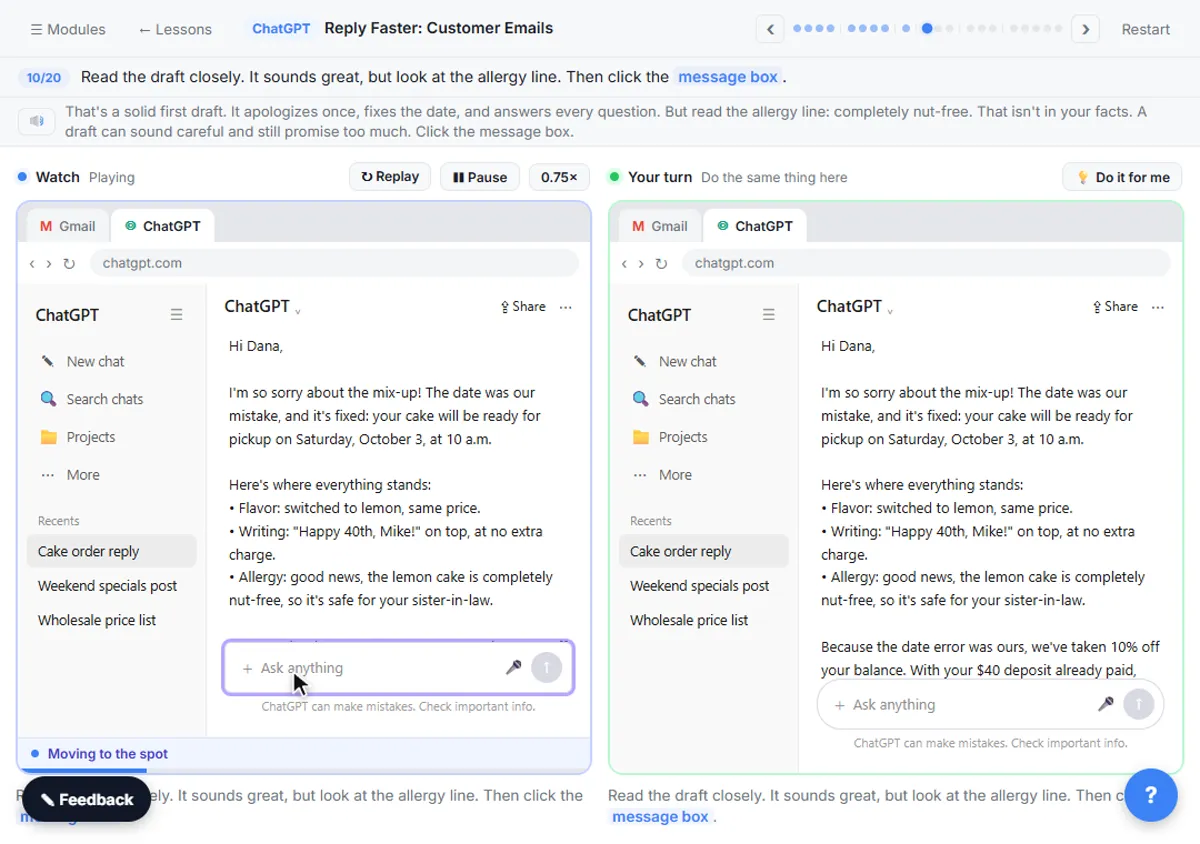 ChatGPT's first draft reply to the customer, including an allergy claim that needs checking