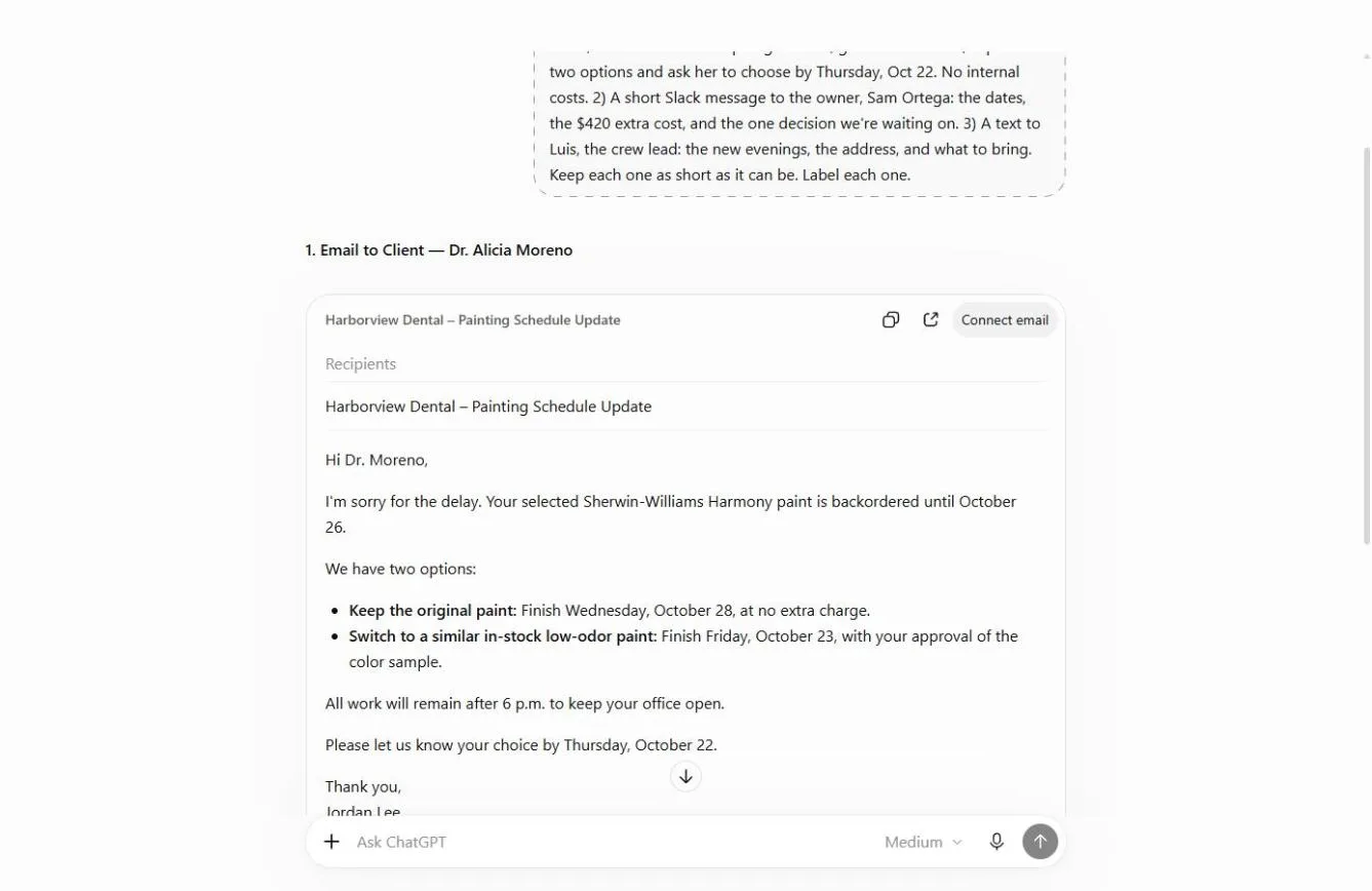 The client email to Dr. Moreno in an Email card: one apology, two options with dates and a decision deadline.