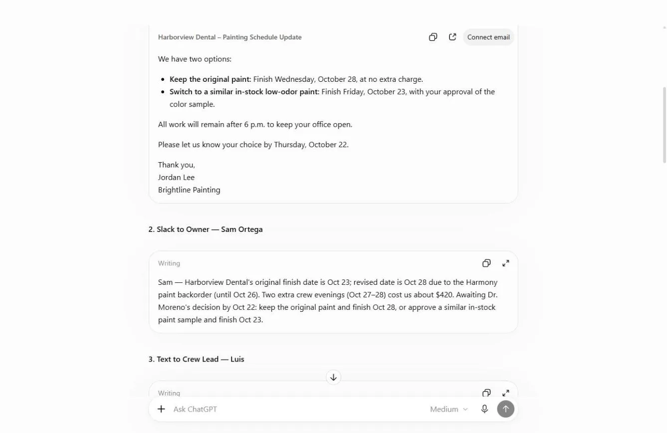 The end of the client email and the Slack message to the owner with the $420 extra cost.