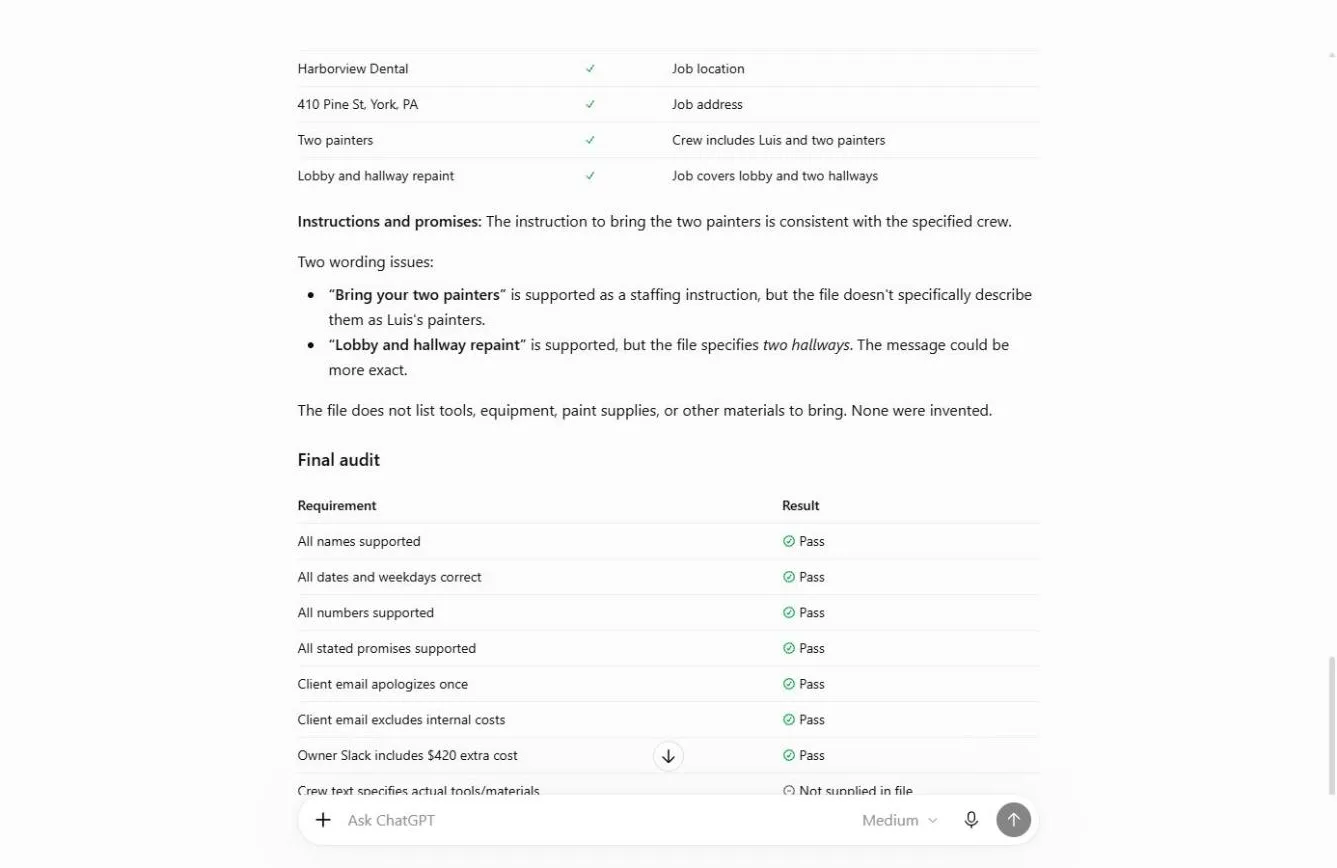 ChatGPT’s fact check: two wording issues in the crew text and the final audit table with seven passes.