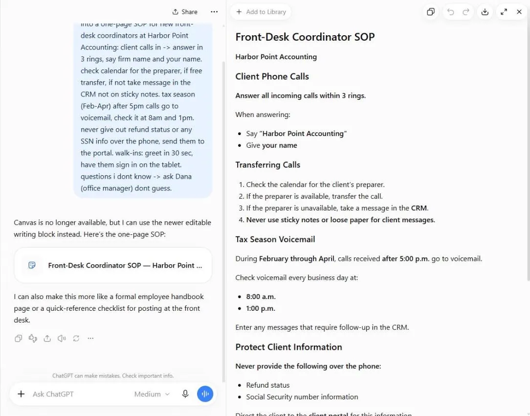 ChatGPT with the Front-Desk Coordinator SOP for Harbor Point Accounting open as a document beside the chat, after the reply saying Canvas is no longer available