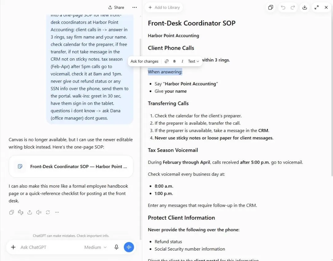 The SOP document with the Tax Season Voicemail paragraph selected and a small toolbar above it with Ask for changes, link, bold, italic and Text