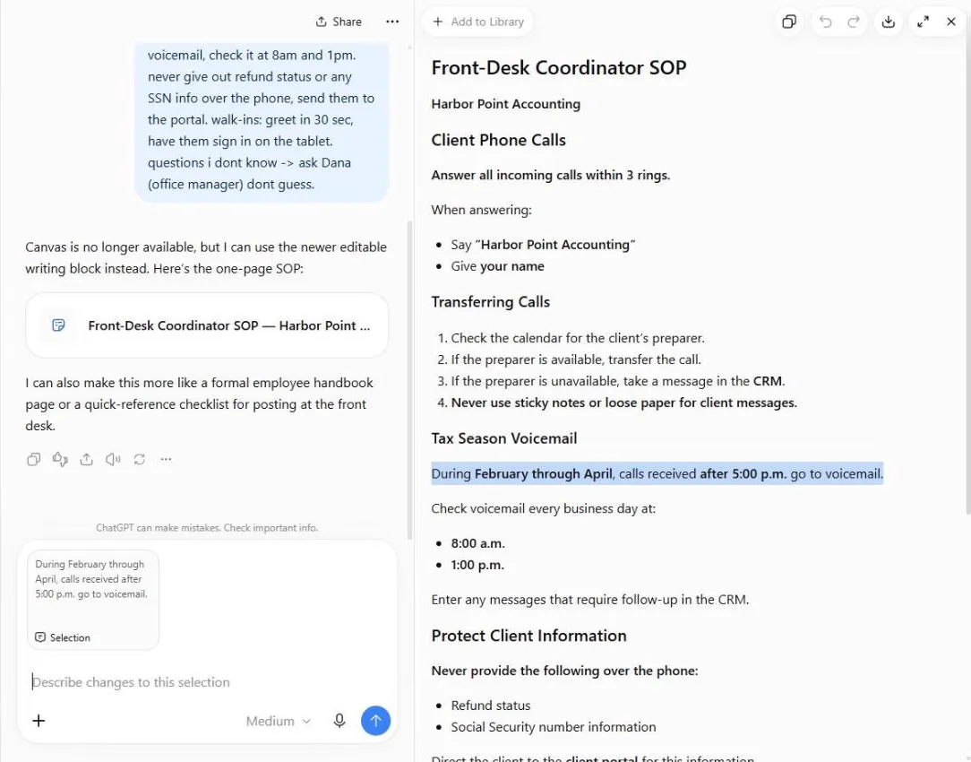 ChatGPT's message box with the selected paragraph attached and the placeholder Describe changes to this selection