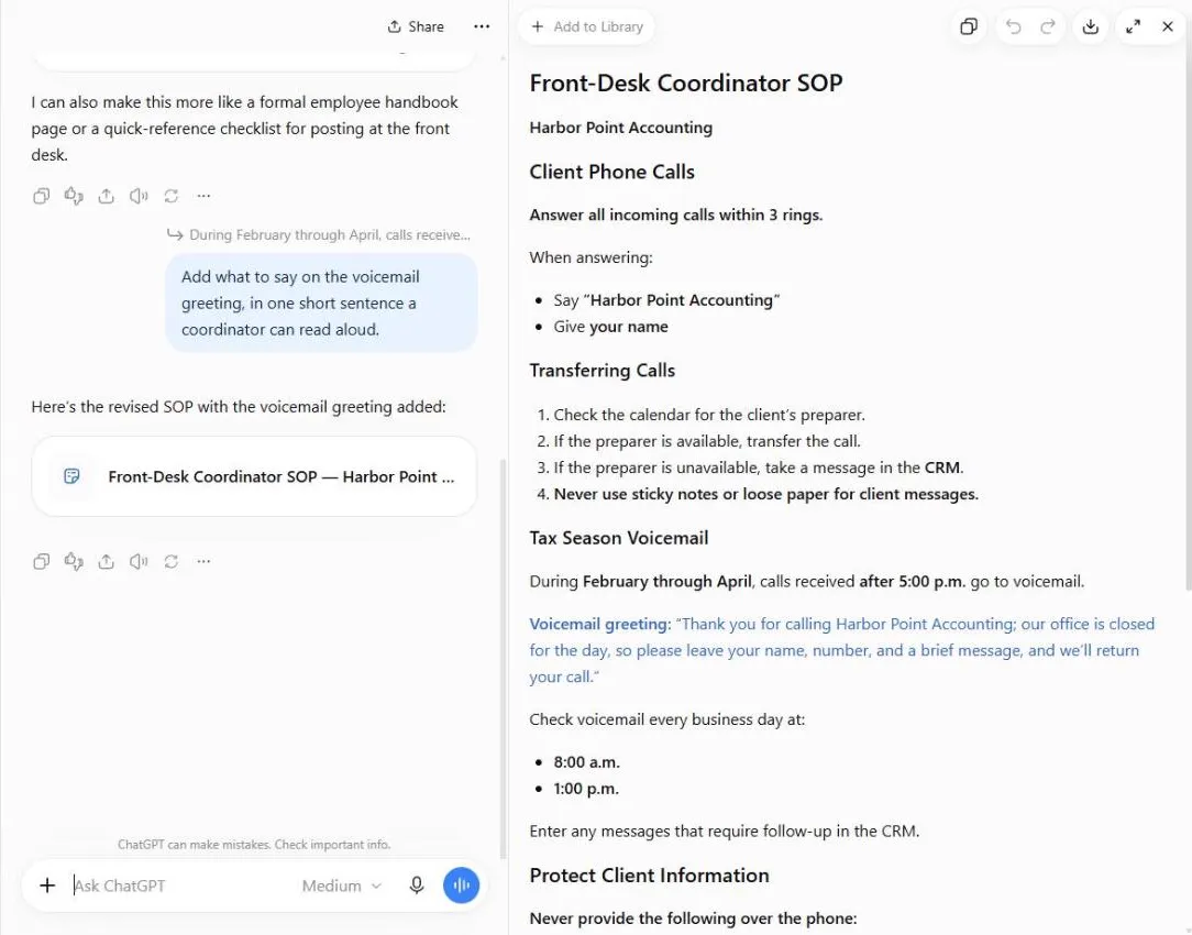 The SOP after the change, with the new voicemail greeting sentence shown in blue and the chat reply saying the revised SOP has the greeting added