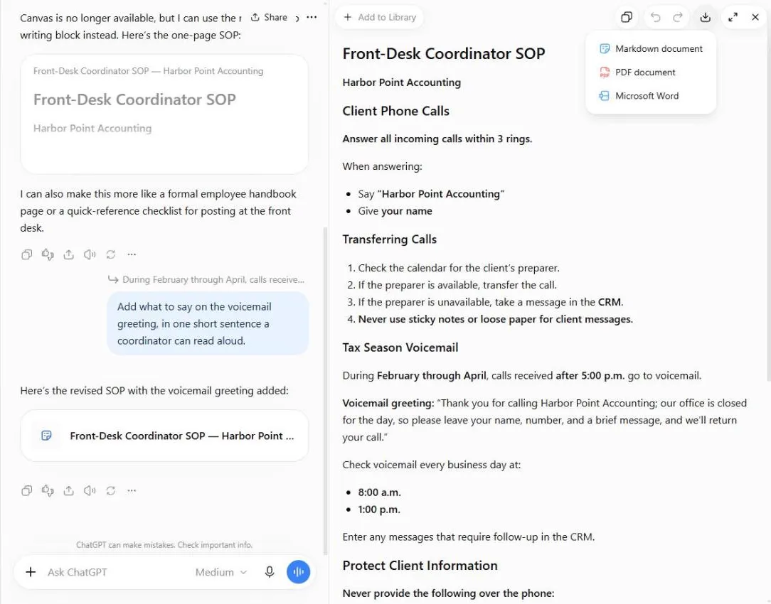 The document panel's download menu open with three choices: Markdown document, PDF document and Microsoft Word