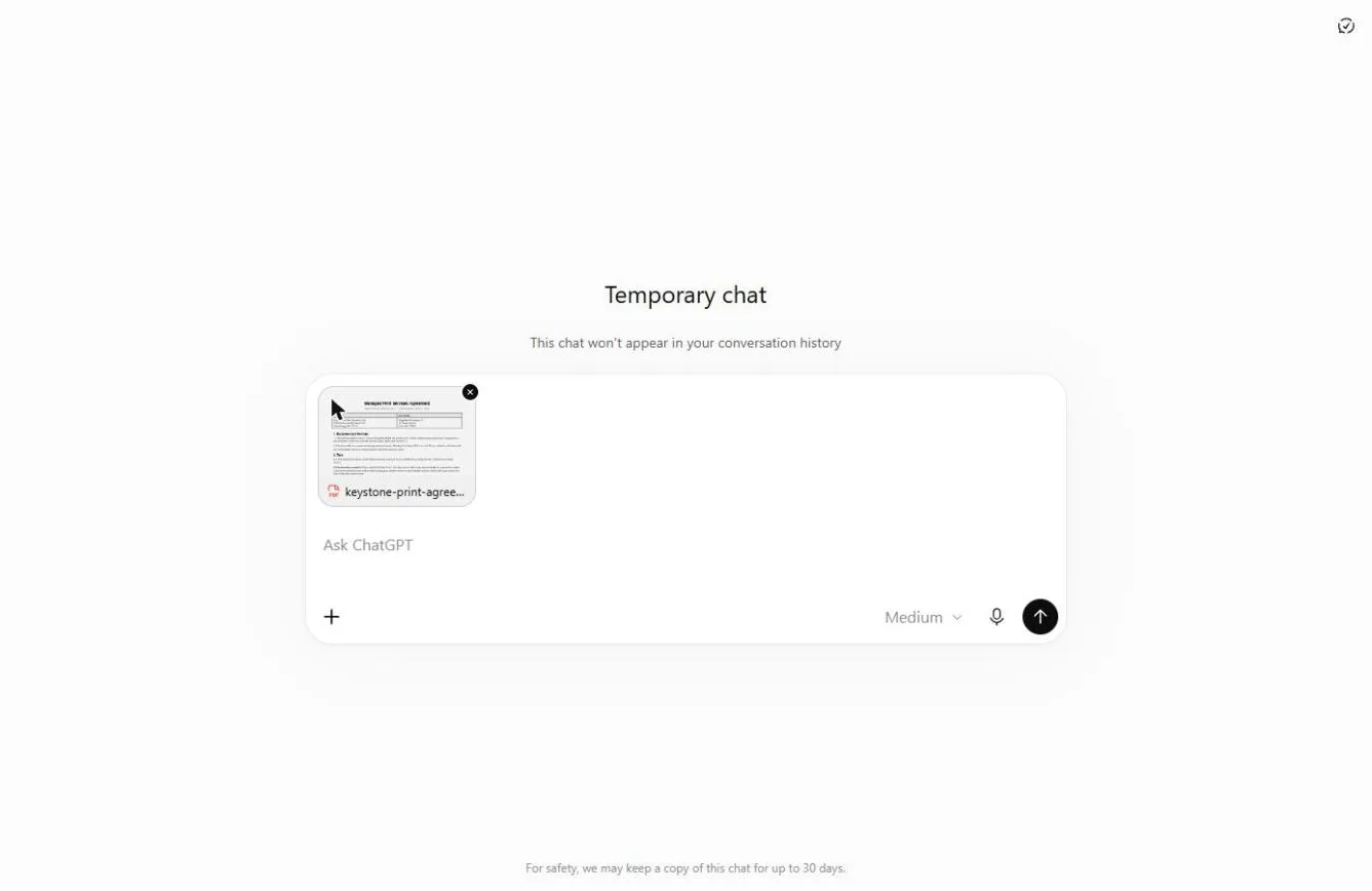 The Keystone contract PDF attached above the message box in a Temporary Chat.