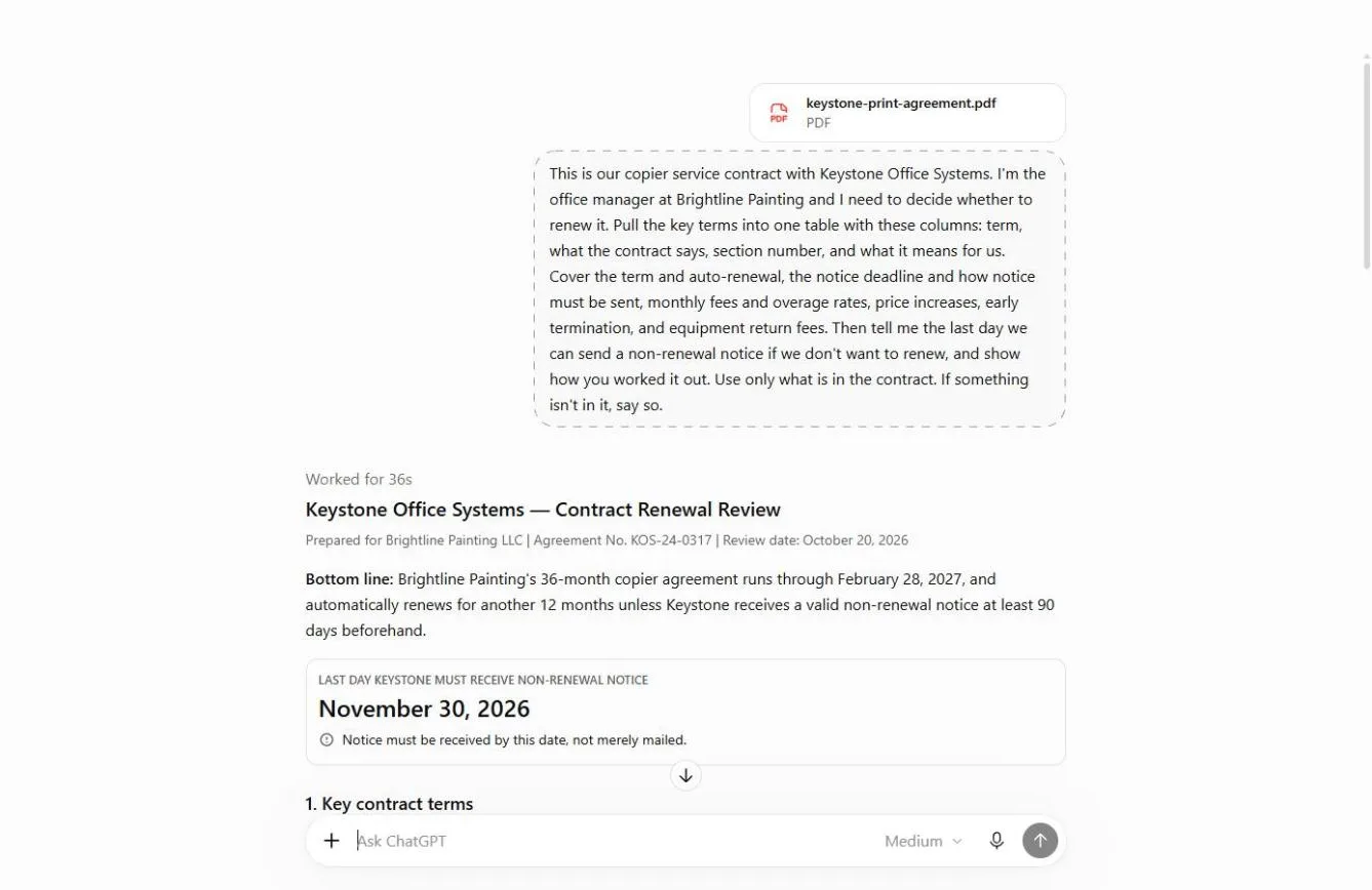 ChatGPT’s contract review: the request, the bottom line and the callout “Last day Keystone must receive non-renewal notice: November 30, 2026”.