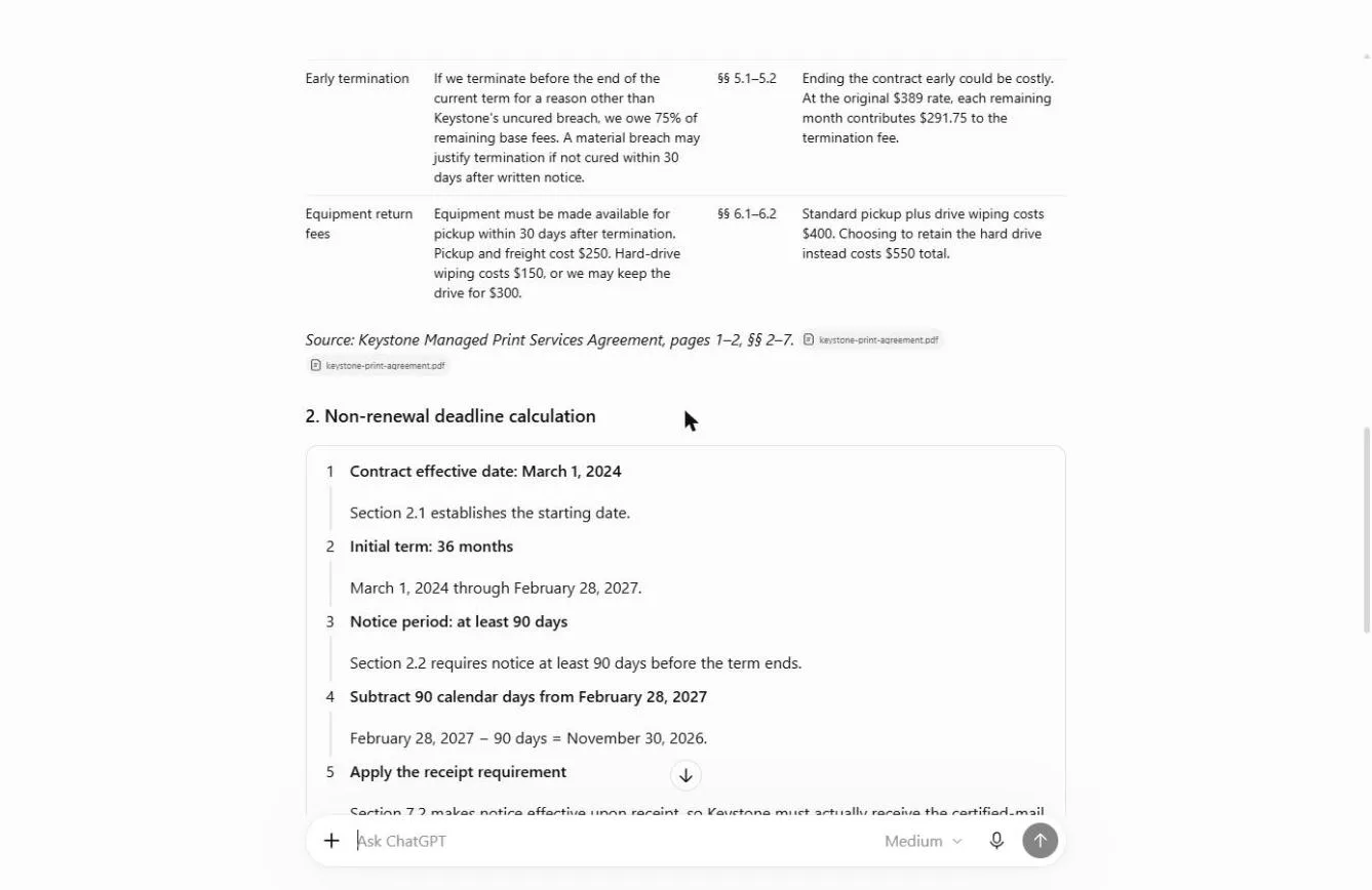 The non-renewal deadline calculation: effective March 1, 2024, 36 months to February 28, 2027, minus 90 days is November 30, 2026.