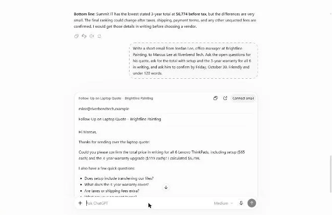 The follow-up email to Riverbend Tech in an Email card with a Connect email button.