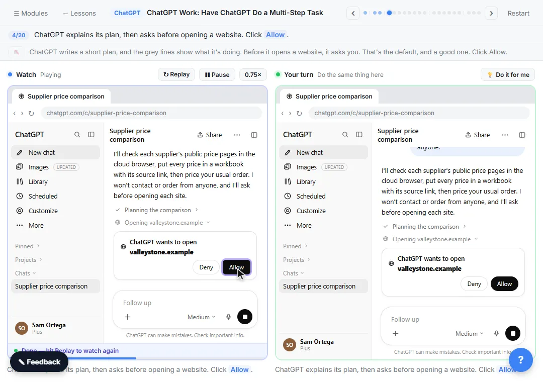 A ChatGPT Work task asking permission to open a supplier website, with Deny and Allow buttons