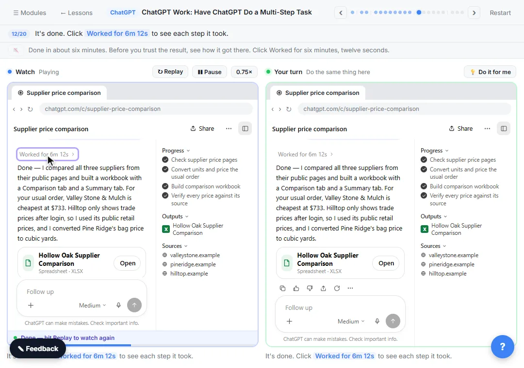 A finished ChatGPT Work task showing Worked for 6m 12s, a summary and a spreadsheet file card with an Open button