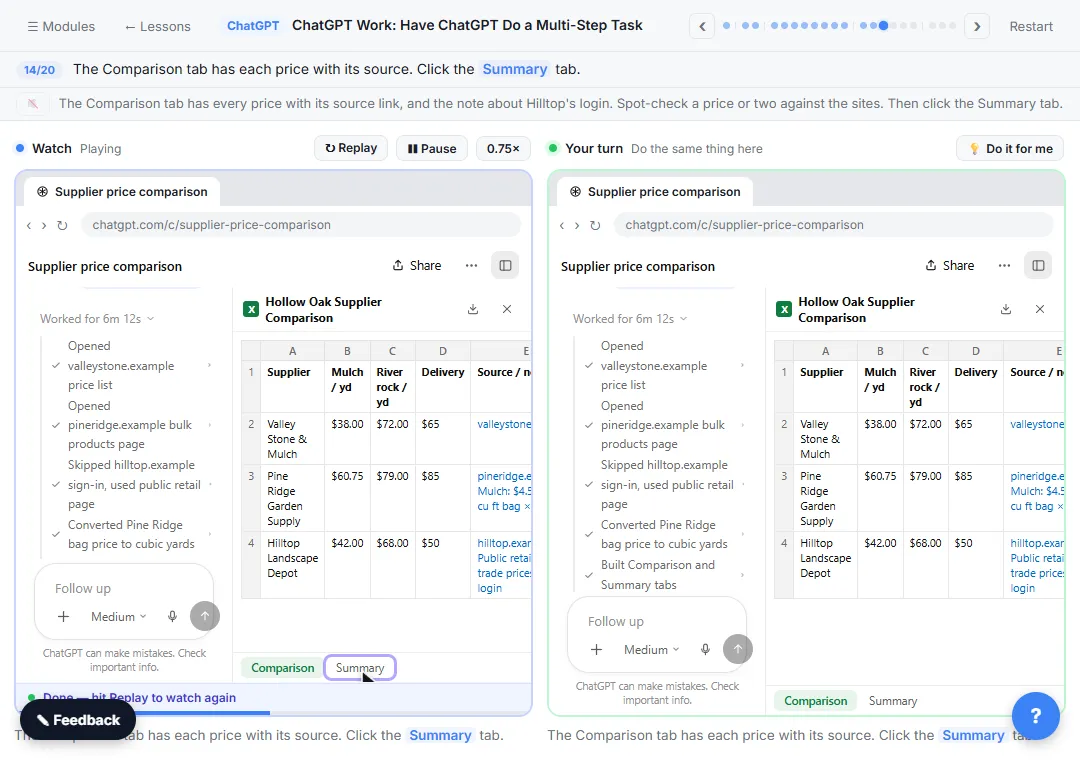 The supplier comparison spreadsheet open beside the chat, with mulch, river rock and delivery prices and source links