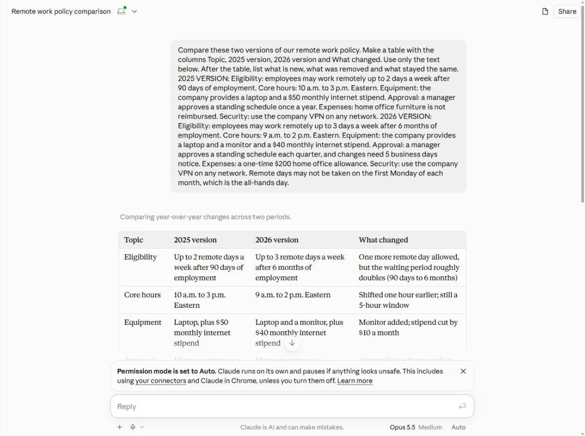 Claude after the comparison prompt, with the pasted 2025 and 2026 remote work policy versions and the start of a table with Topic, 2025 version, 2026 version and What changed columns