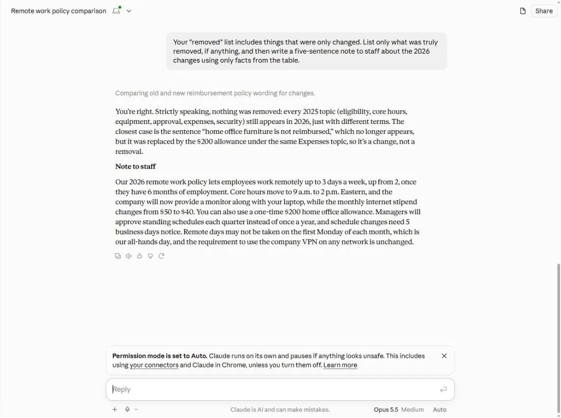 Claude's follow-up answer saying nothing was strictly removed, followed by a five-sentence Note to staff about the 2026 changes