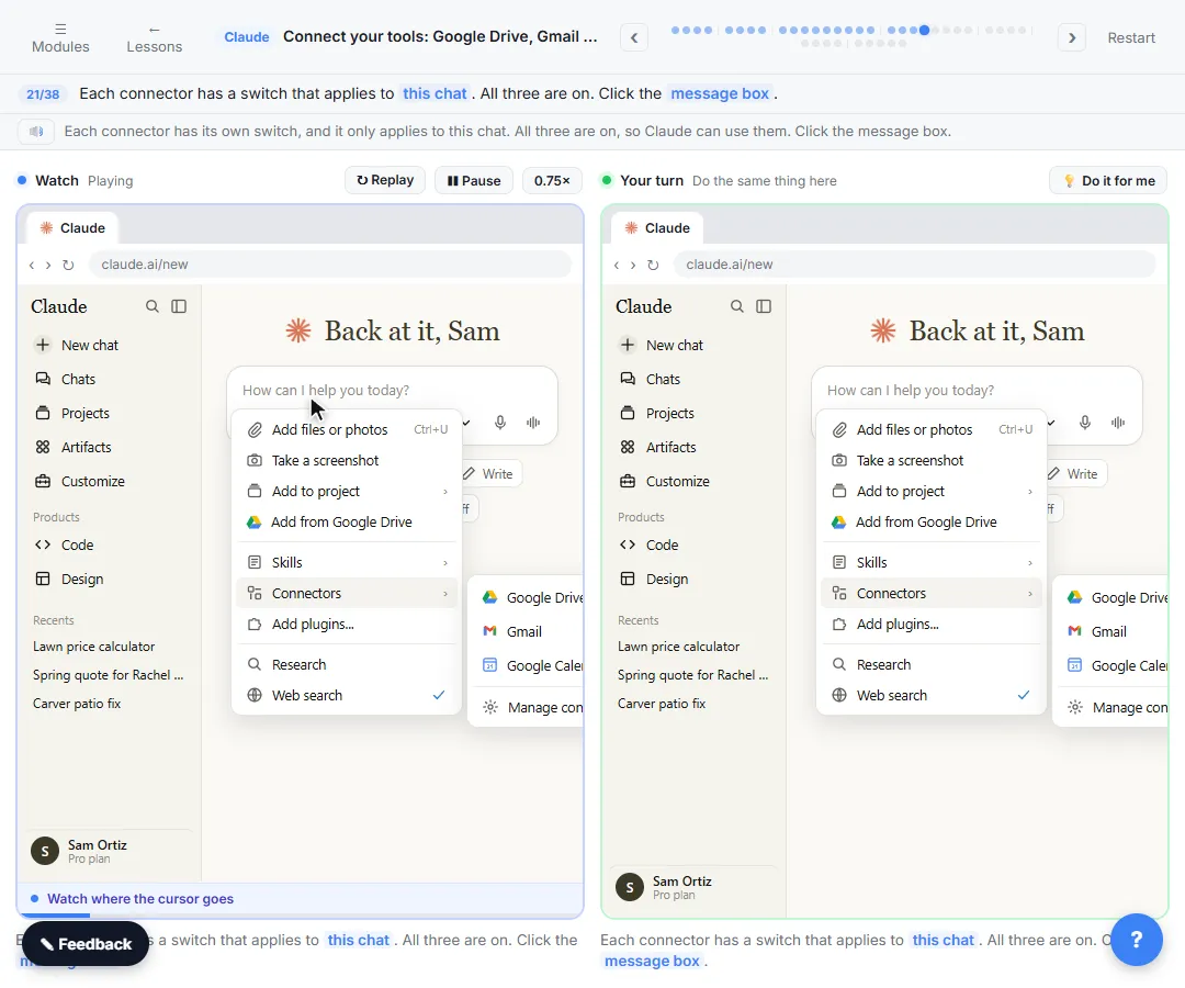 Claude.ai plus menu with the Connectors submenu showing Google Drive, Gmail and Google Calendar switched on